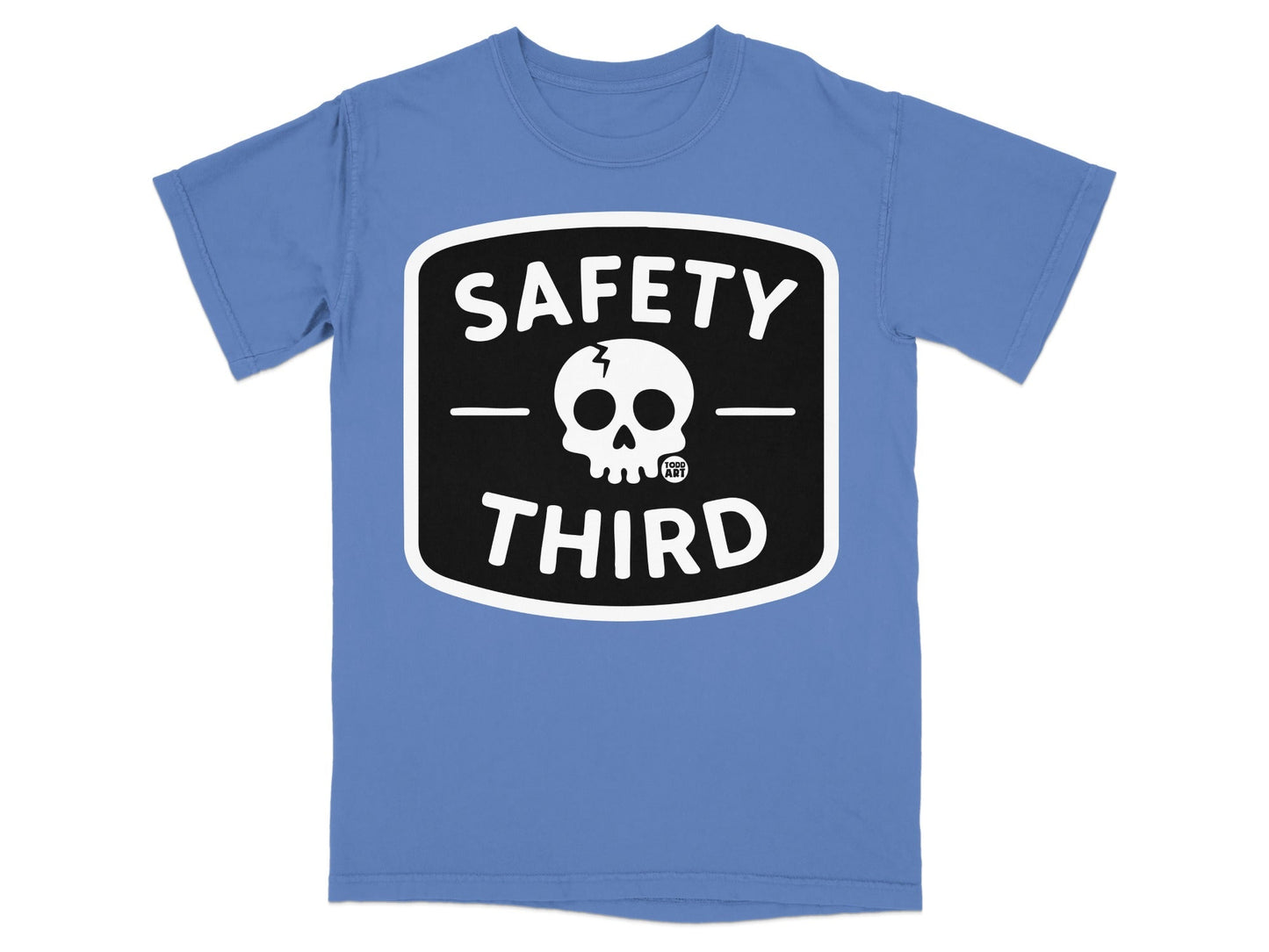 Black and white "Safety Third" logo with a skull, on a blue t-shirt.