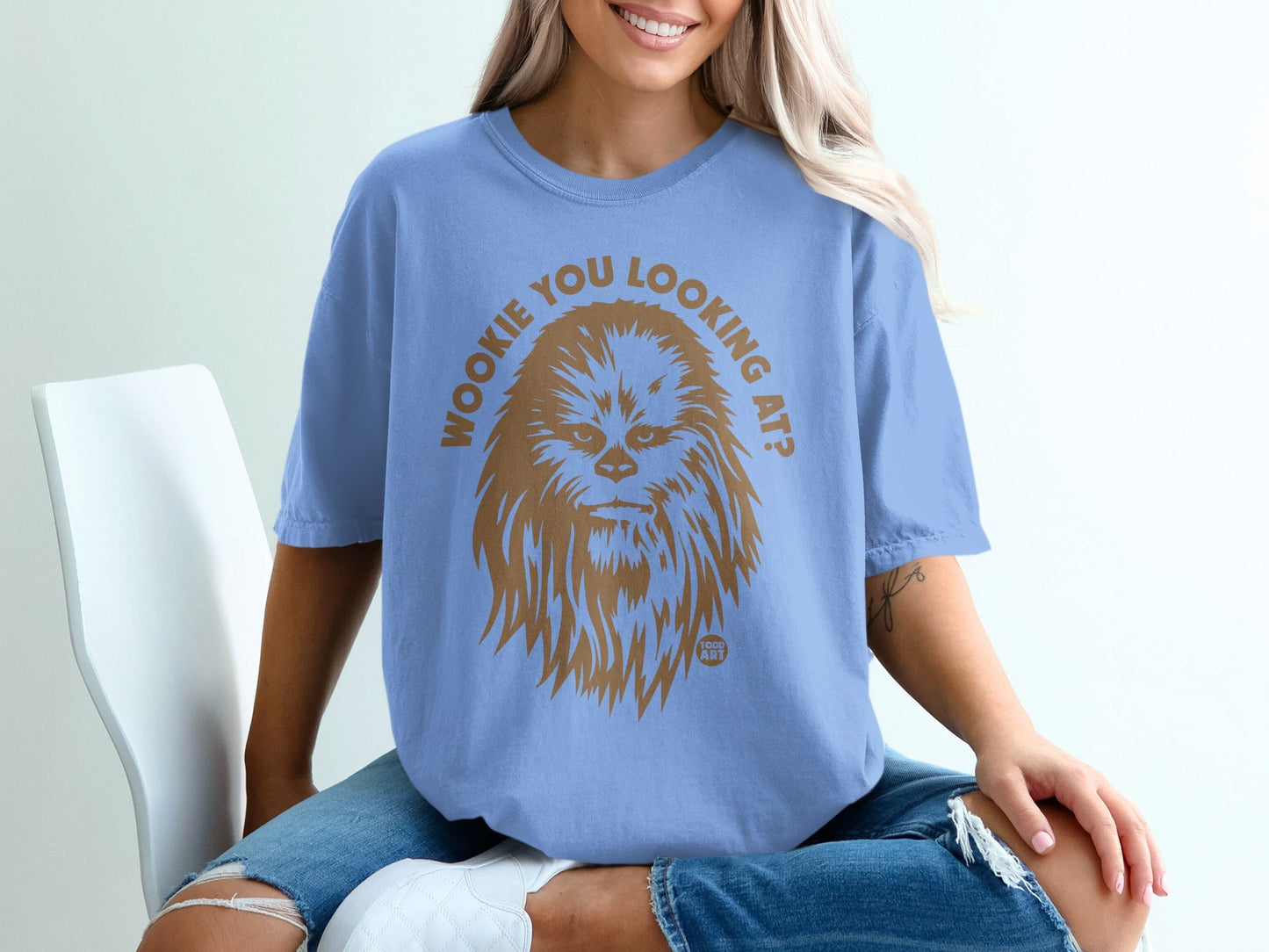Chewbacca graphic t-shirt with "Wookiee you looking at?" text.