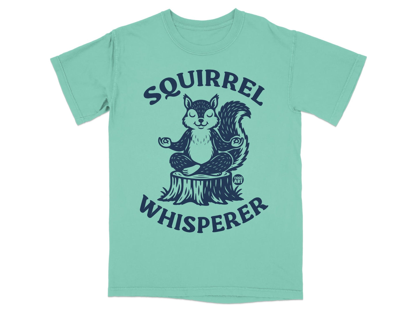 Squirrel meditating on a tree stump, text "Squirrel Whisperer".