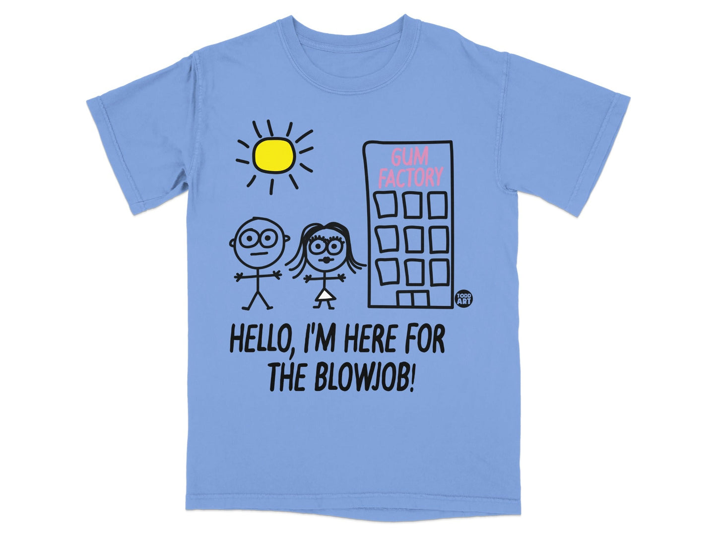 Light blue t-shirt with "GUM FACTORY" and a stick-figure drawing.