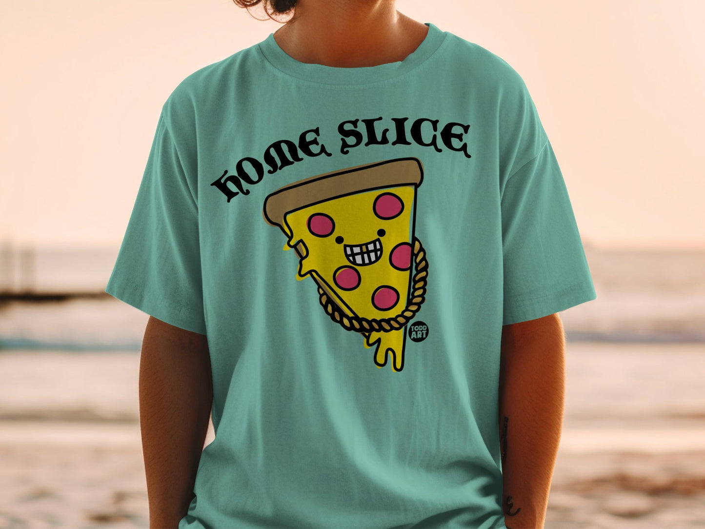 Teal t-shirt with a smiling pizza slice wearing a gold chain.