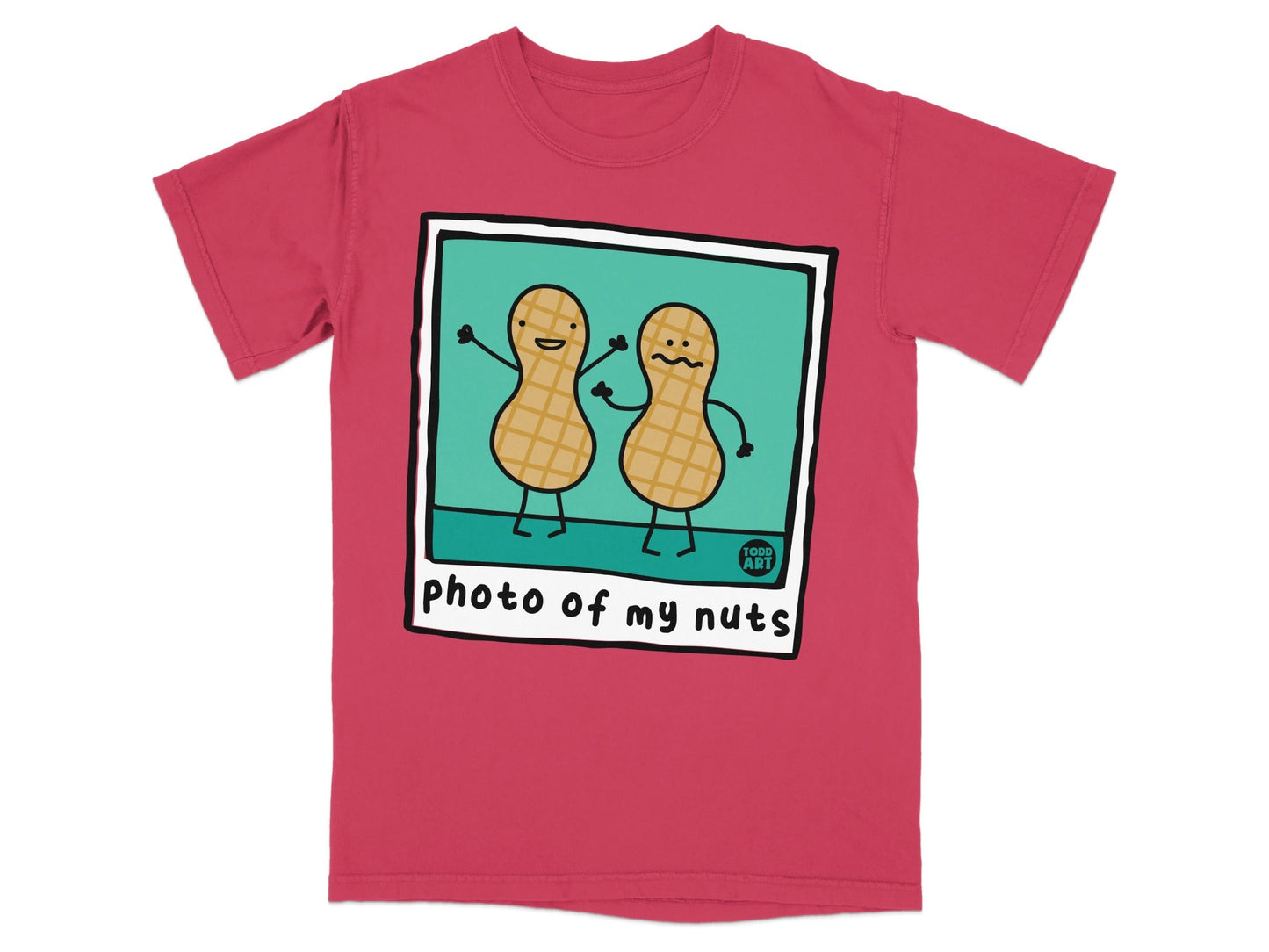 T-shirt featuring cartoon peanuts with "photo of my nuts" text.