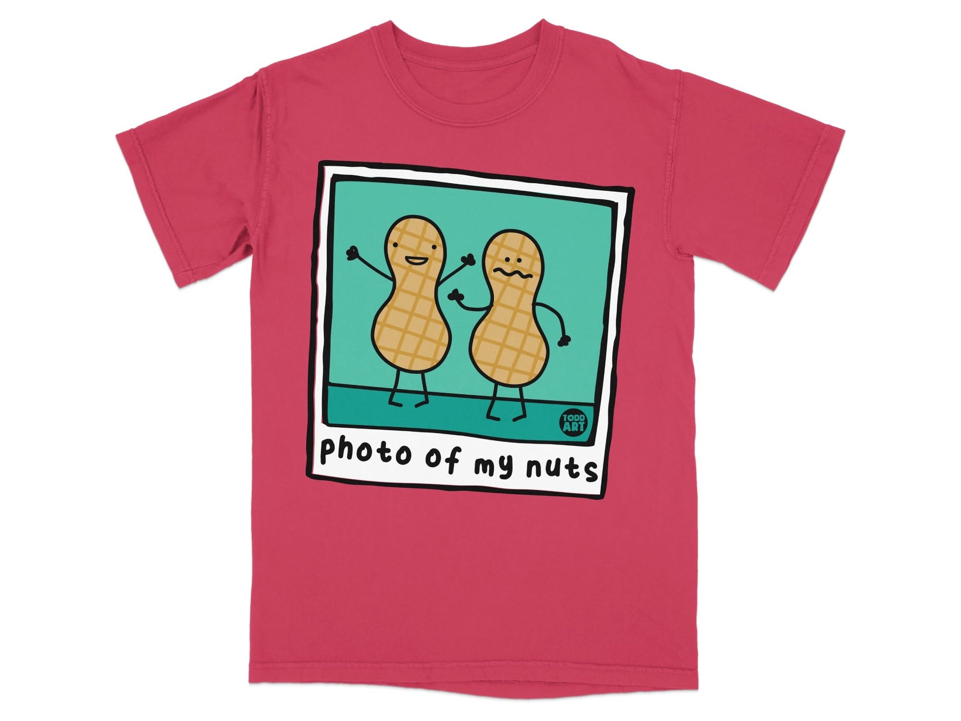 T-shirt featuring cartoon peanuts with "photo of my nuts" text.