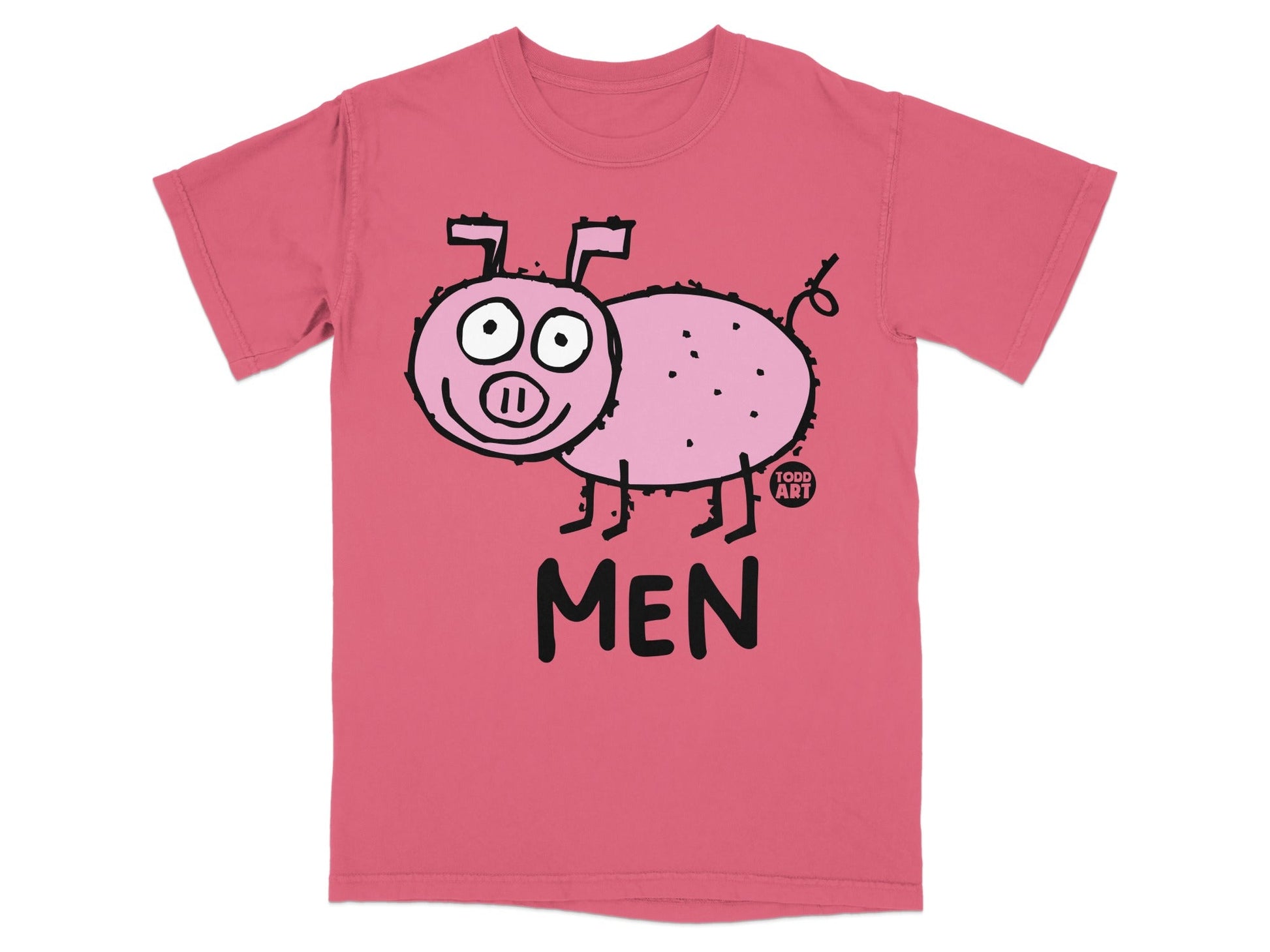 Pink t-shirt with a cartoon pig and "TODD ART" and "MEN" text.