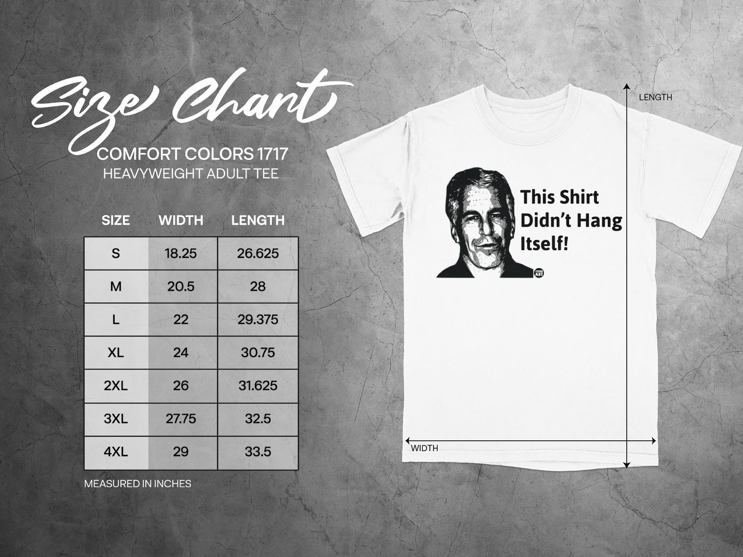 Size chart for Comfort Colors 1717 heavyweight adult tee with shirt graphic.
