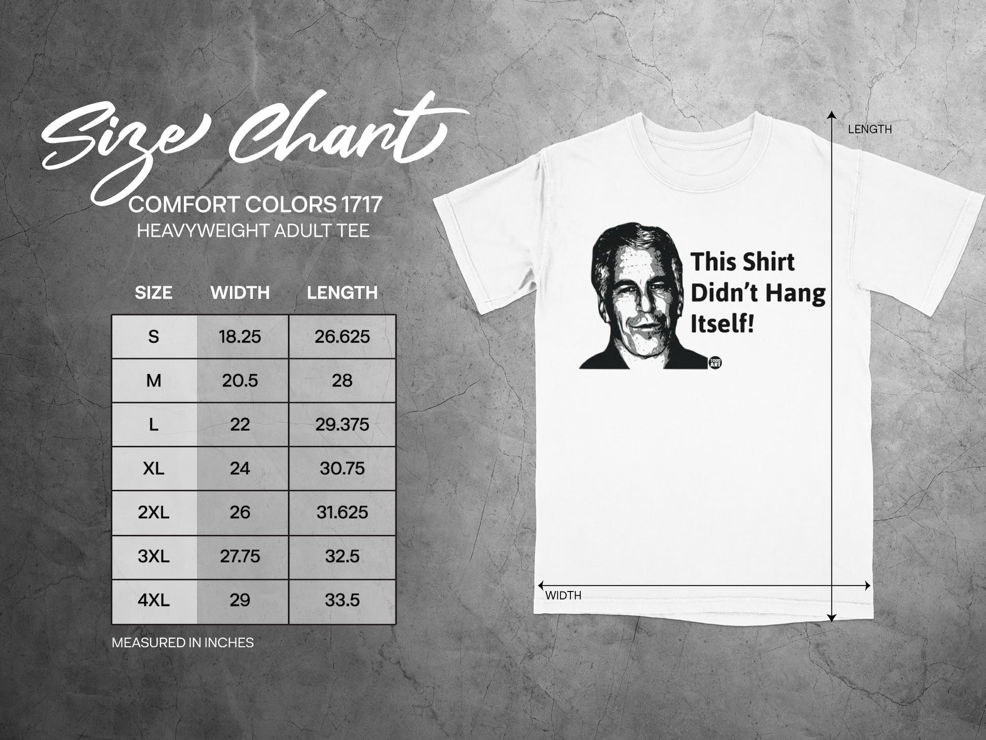 Size chart for Comfort Colors 1717 heavyweight adult tee with shirt graphic.