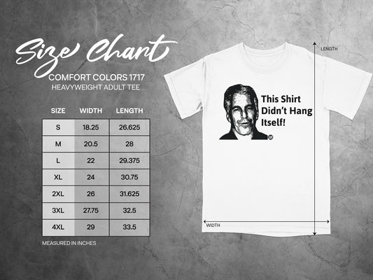 Size chart for Comfort Colors 1717 heavyweight adult tee with shirt graphic.