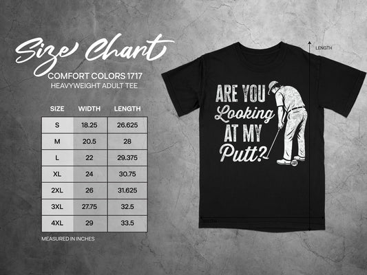 Size chart for Comfort Colors 1717 Heavyweight Adult Tee with measurements.