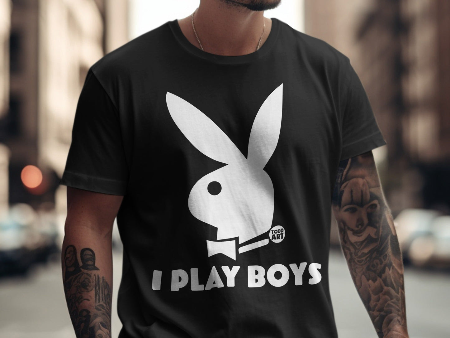 Black t-shirt with white Playboy bunny logo and "I PLAY BOYS" text.