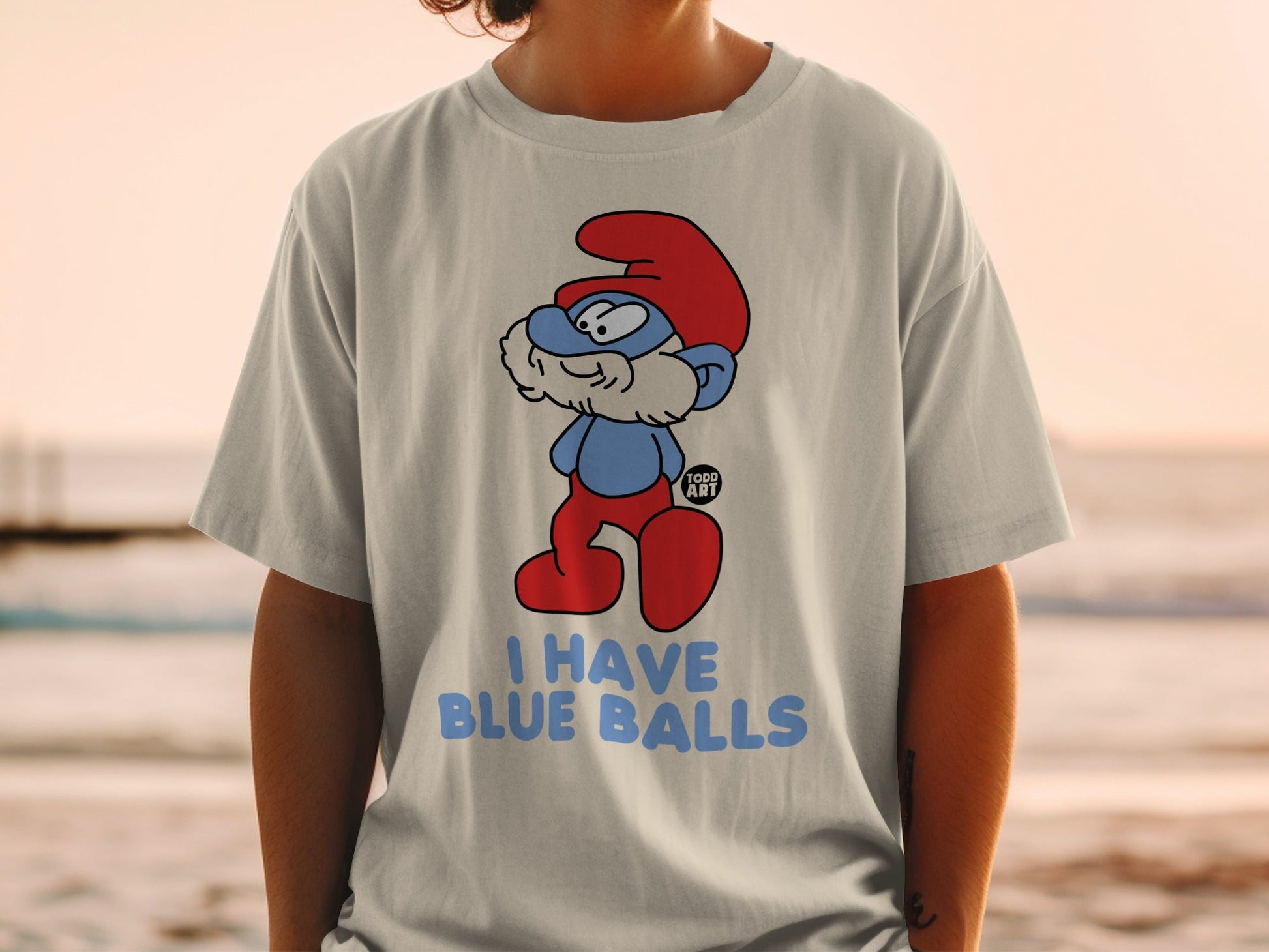 T-shirt with Smurf character and text "I HAVE BLUE BALLS".