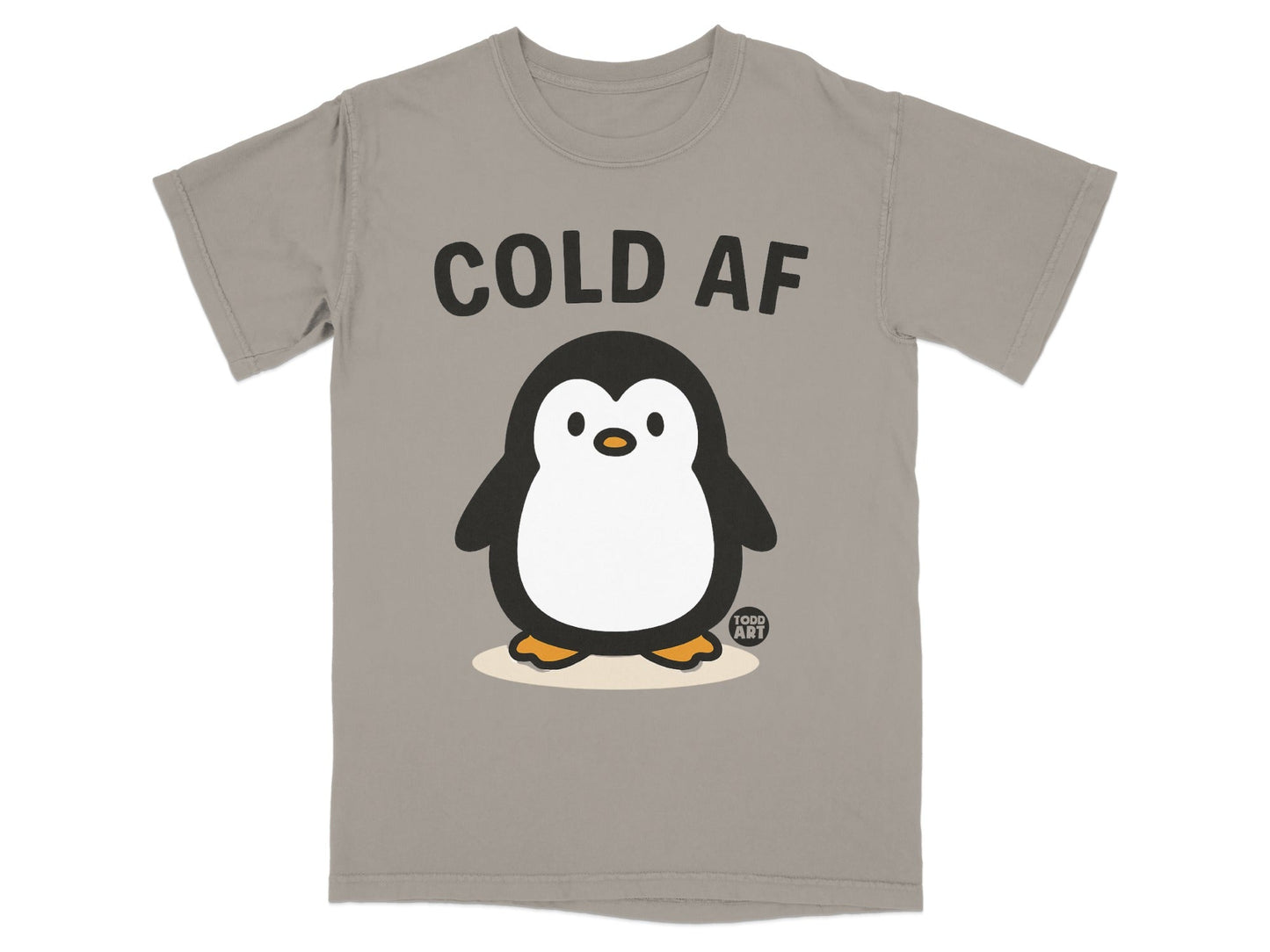 Grey t-shirt with "COLD AF" and a cartoon penguin.