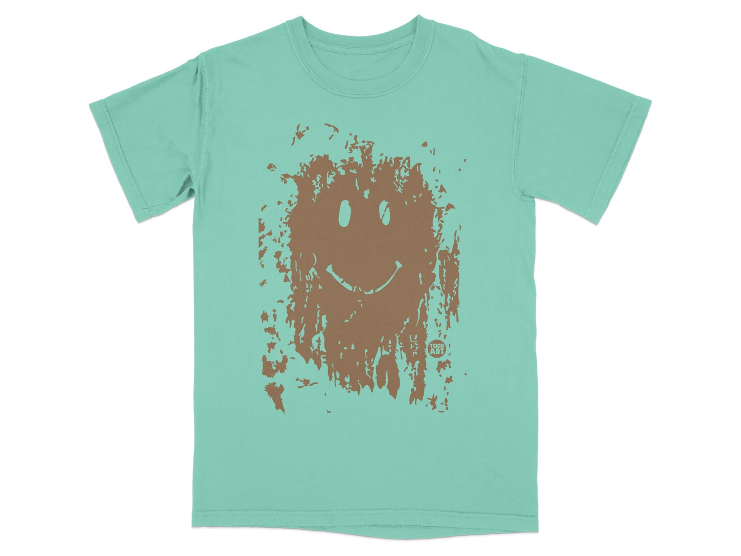 Teal t-shirt with distressed brown smiley face graphic.