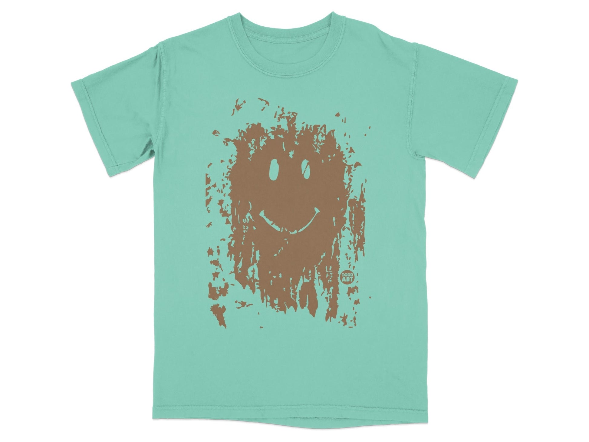 Teal t-shirt with distressed brown smiley face graphic.