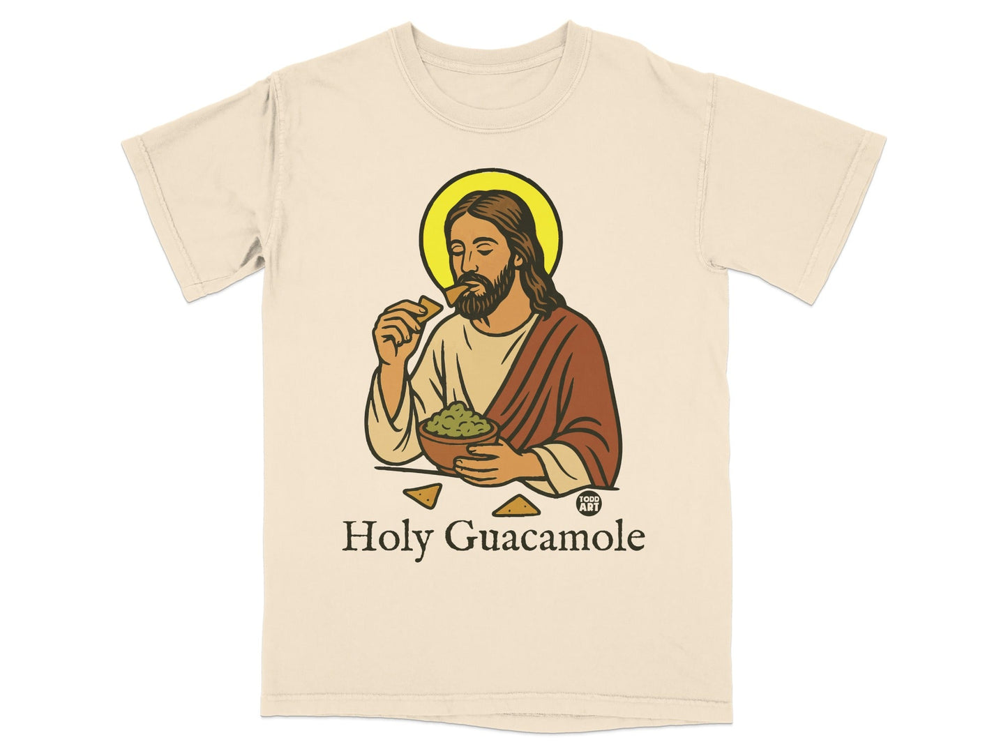 Jesus eating guacamole and chips, with "Holy Guacamole" text.
