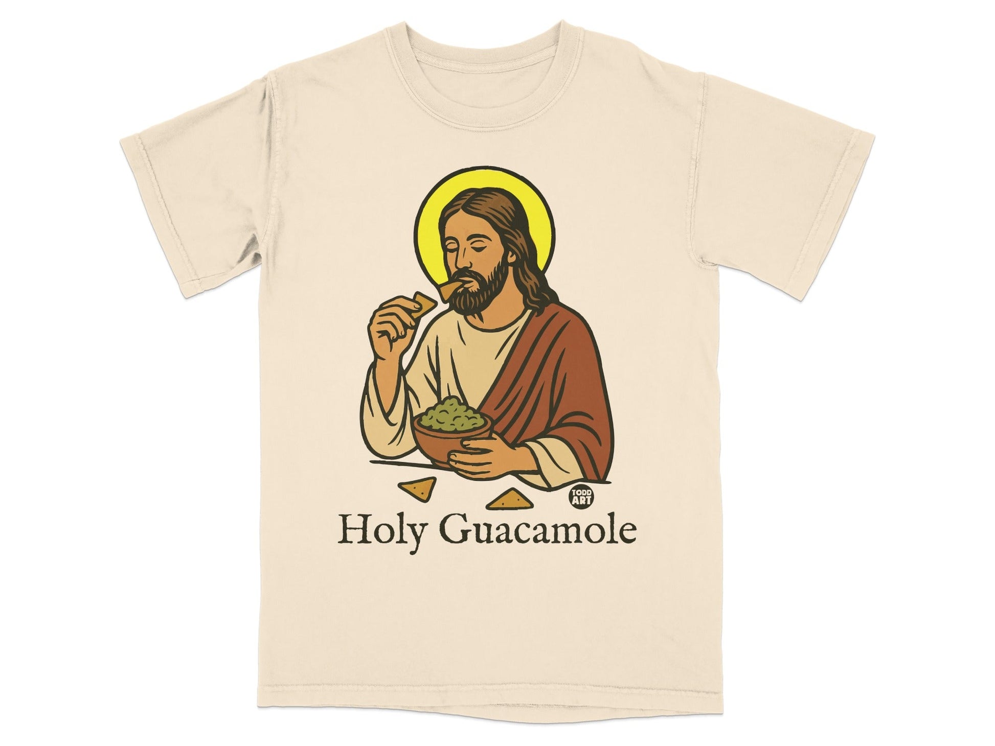 Jesus eating guacamole and chips, with "Holy Guacamole" text.