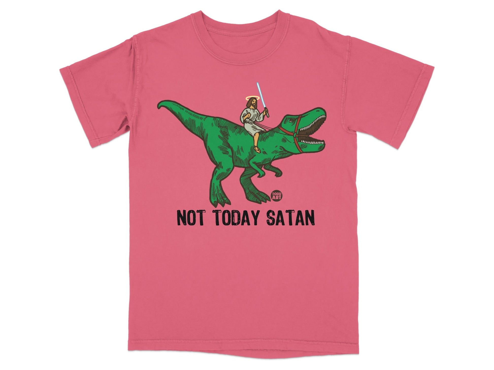 Jesus riding a T-Rex with a lightsaber, "NOT TODAY SATAN".