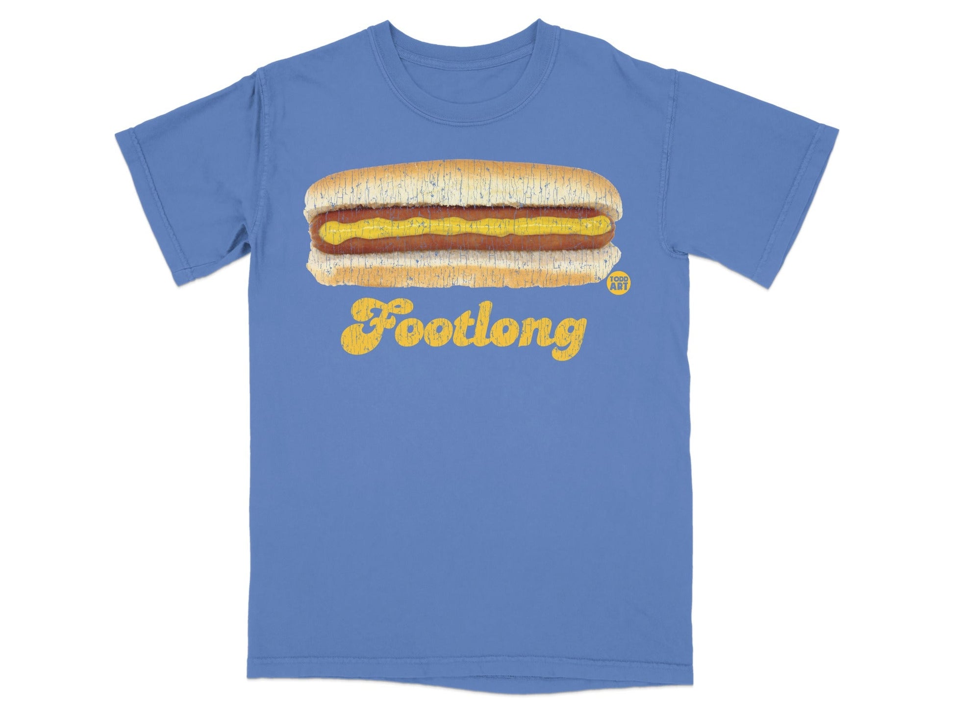 Blue t-shirt with a graphic of a footlong hot dog with mustard and text.