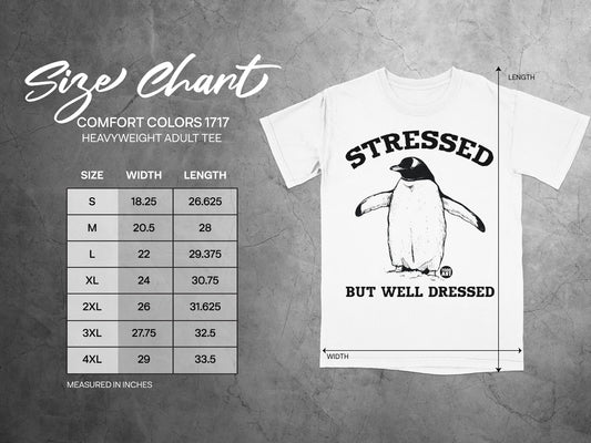Size chart for Comfort Colors 1717 heavyweight adult tee with penguin graphic.