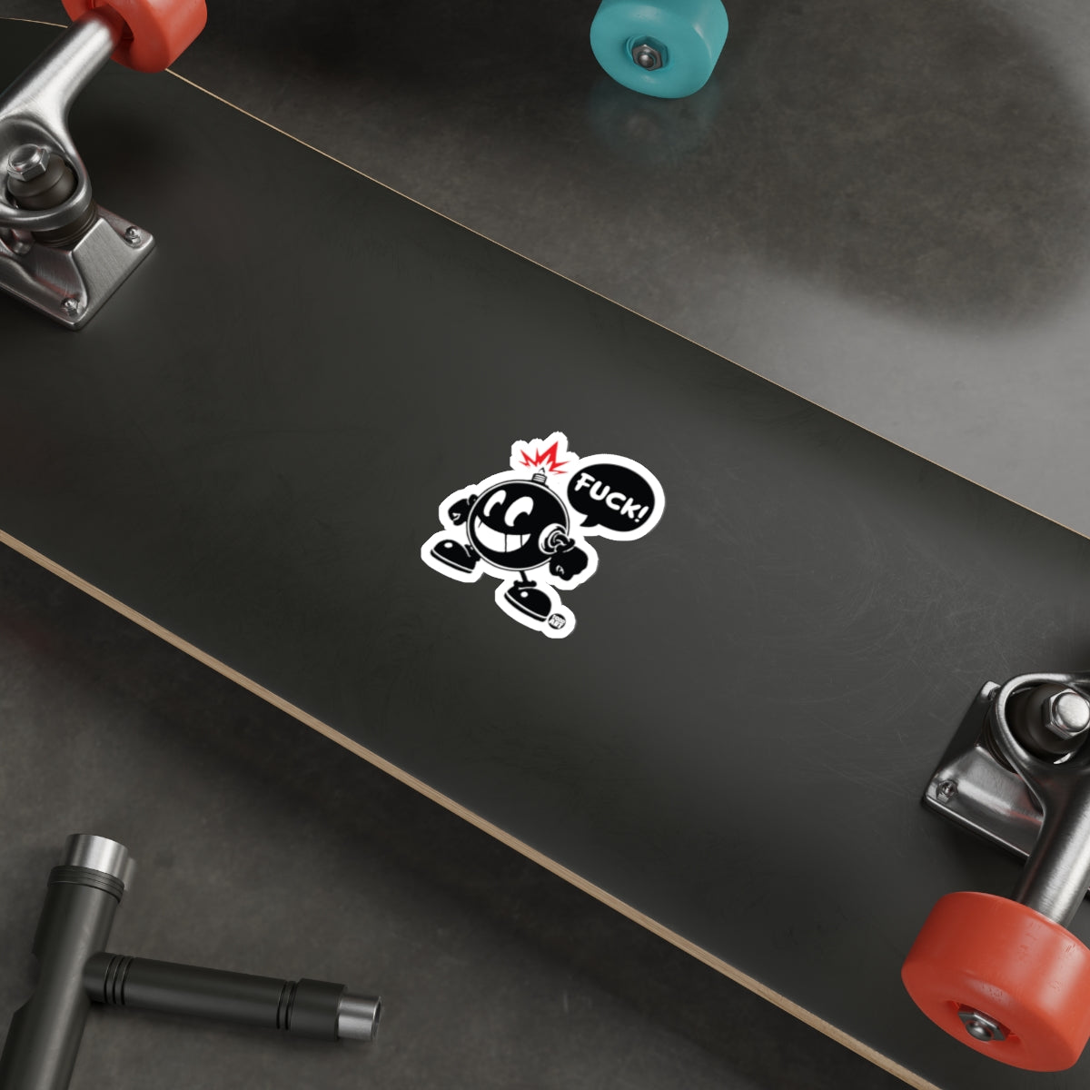Cartoon Bomb Character Sticker with Skateboard Design