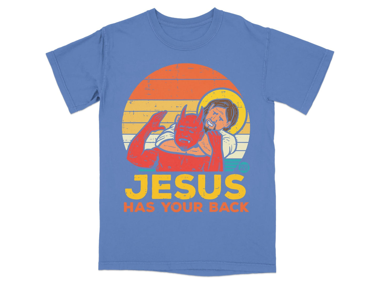 T-shirt with "Jesus Has Your Back" text, featuring Jesus hugging a demon.