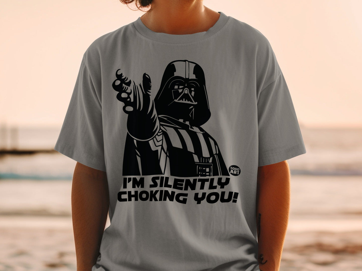 Darth Vader t-shirt with "I'M SILENTLY CHOKING YOU!" text.