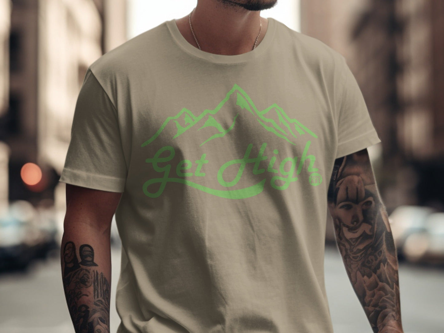 T-shirt with light green mountain graphic and "Get High" text.