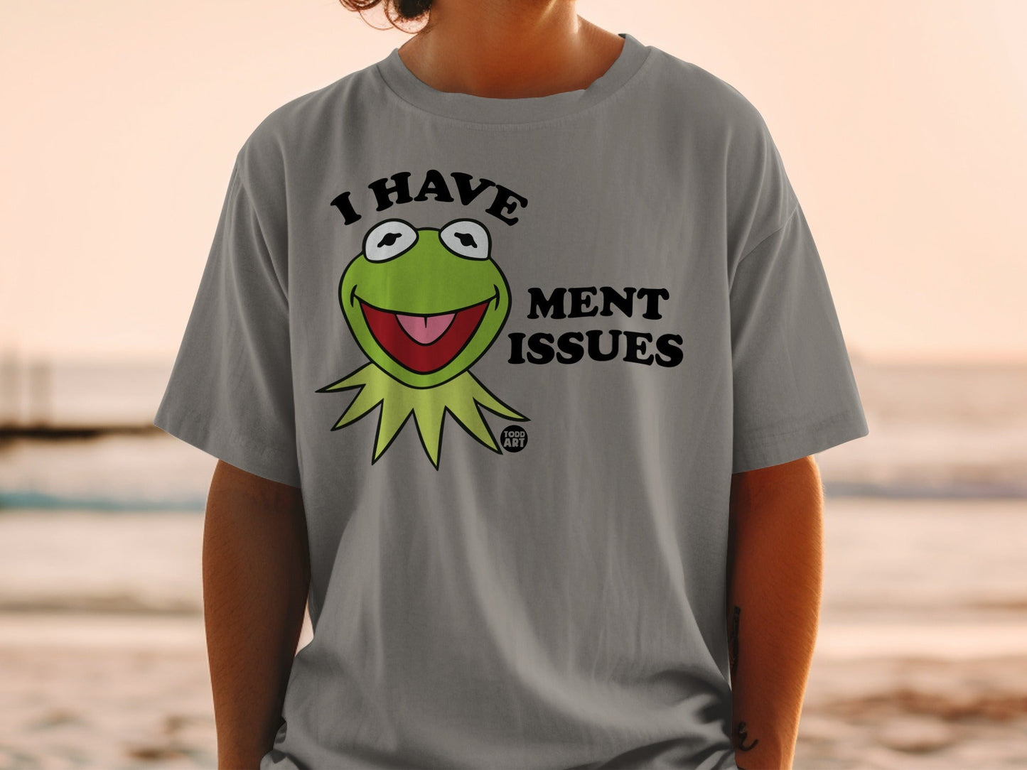 Gray t-shirt featuring Kermit the Frog with "I HAVE MENT ISSUES" text.