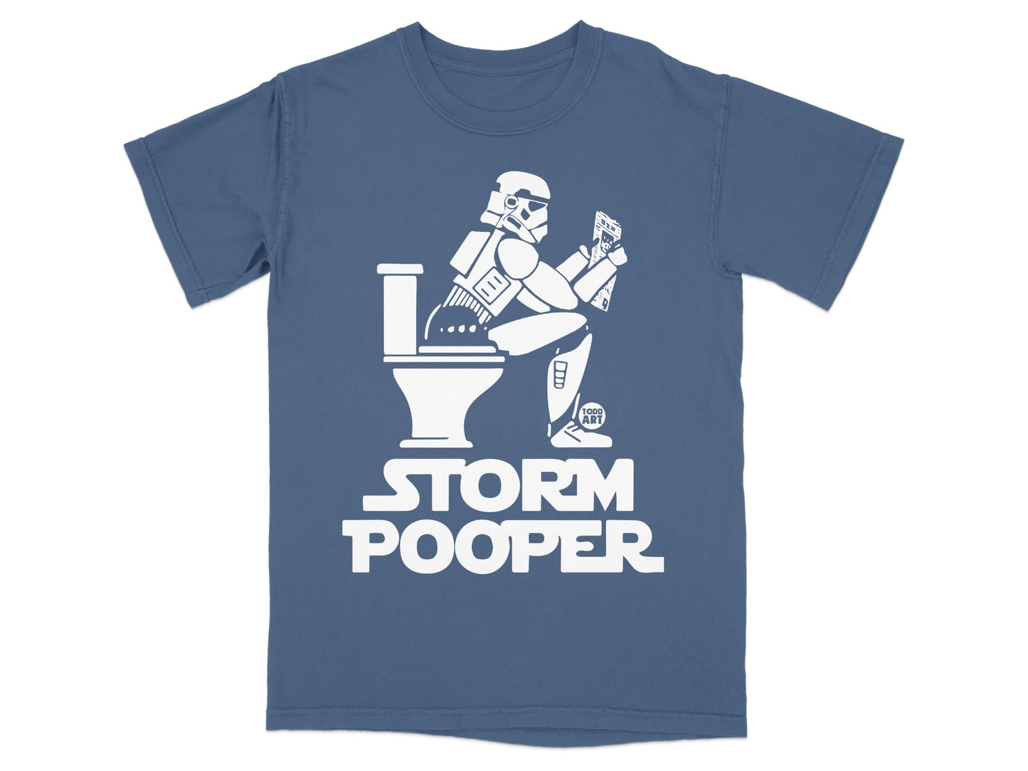 Stormtrooper sitting on toilet reading a datapad, "STORM POOPER" text.