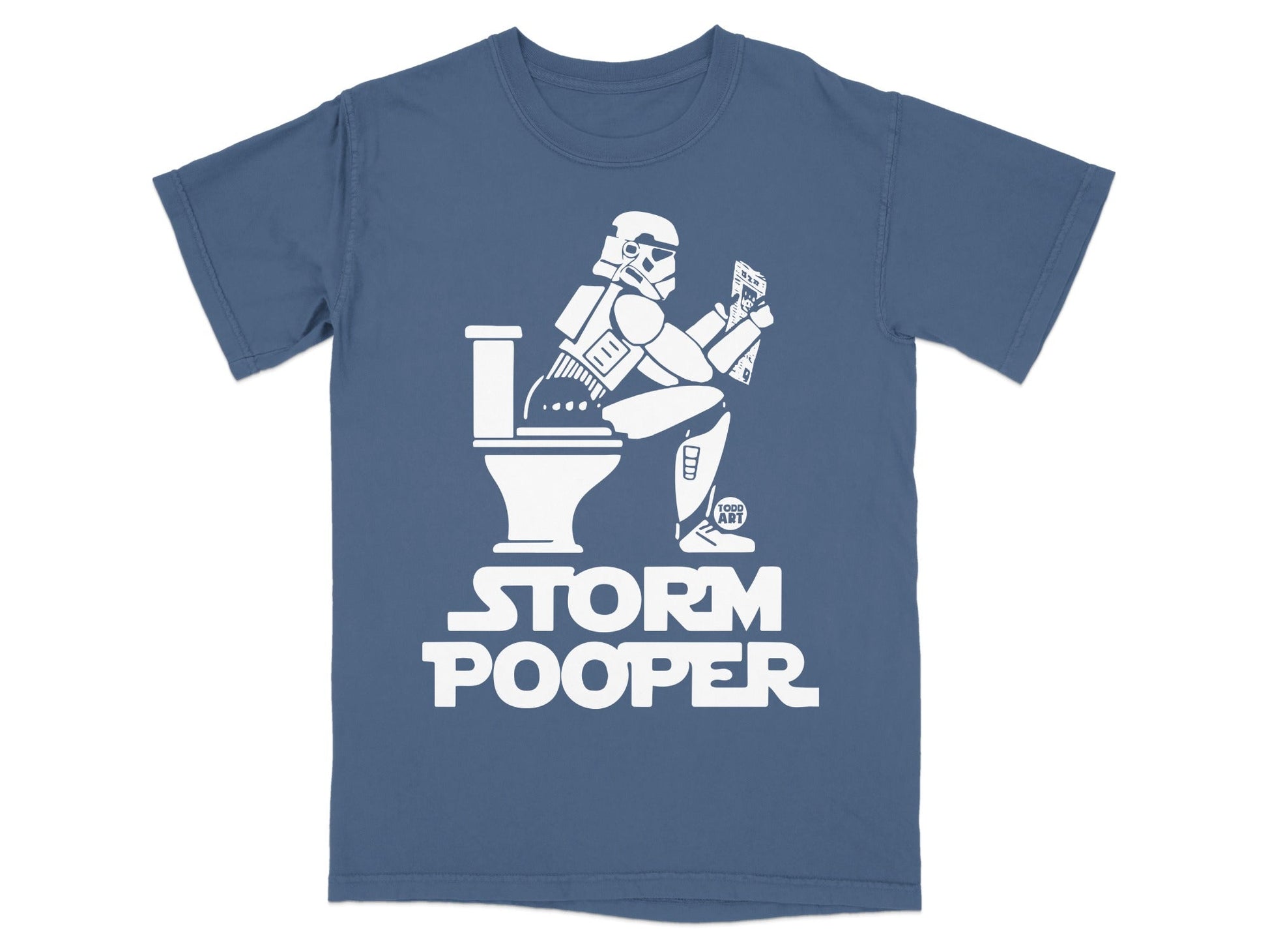 Stormtrooper sitting on toilet reading a datapad, "STORM POOPER" text.
