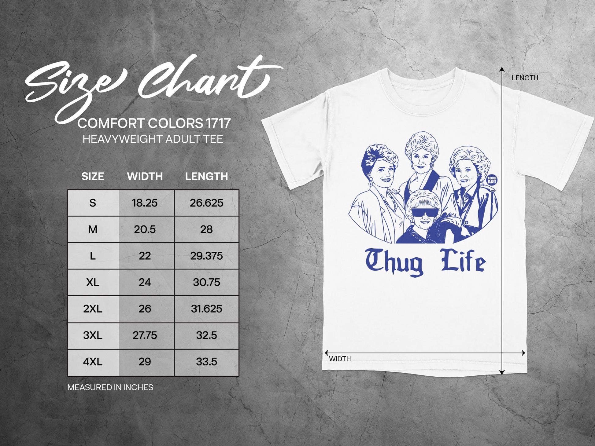 Size chart for Comfort Colors heavyweight adult tee with chest width and length measurements.