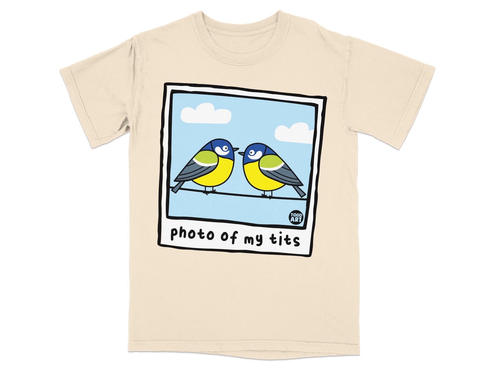 Cartoon tits on a wire with text "photo of my tits".