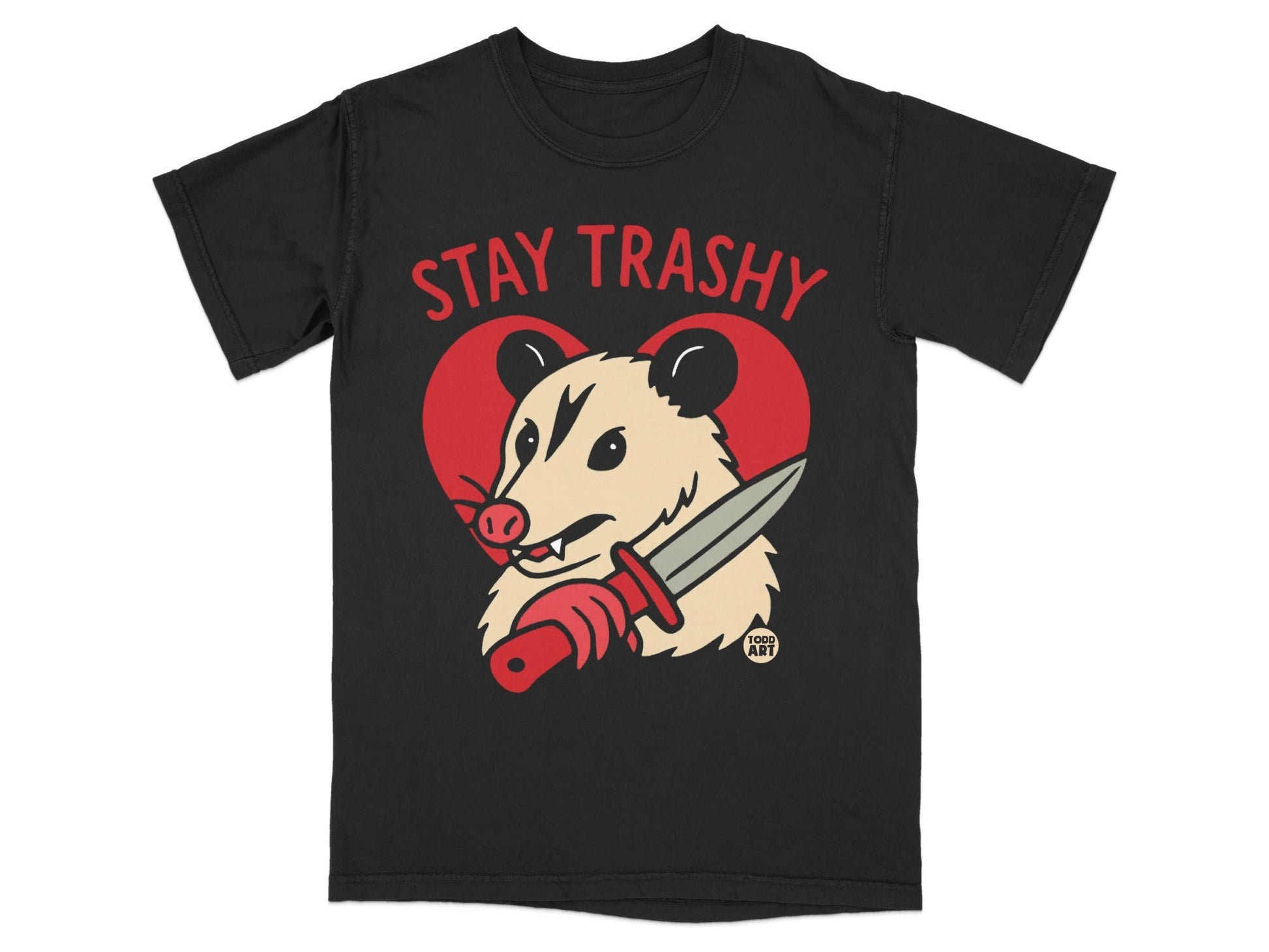Black t-shirt with opossum holding knife, "Stay Trashy" text, and heart.