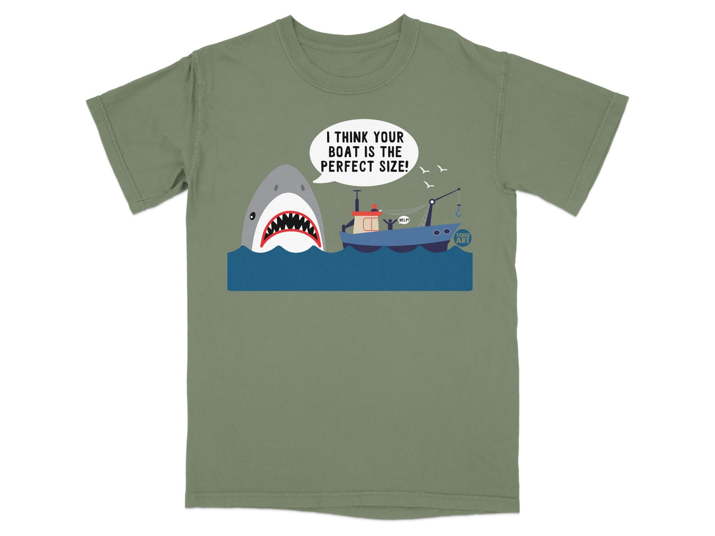 Cartoon shark approaching a fishing boat with text bubble.