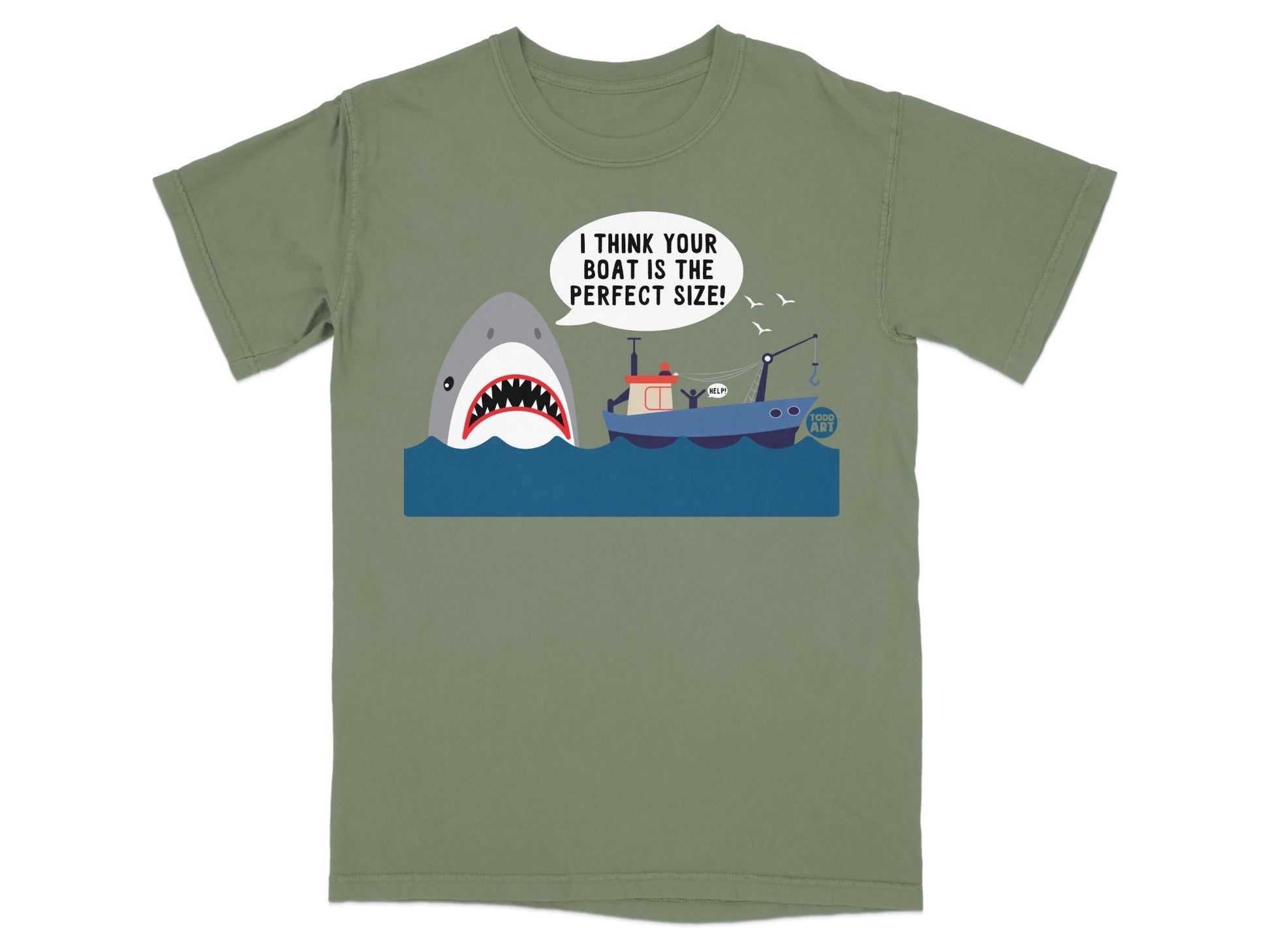Cartoon shark approaching a fishing boat with text bubble.
