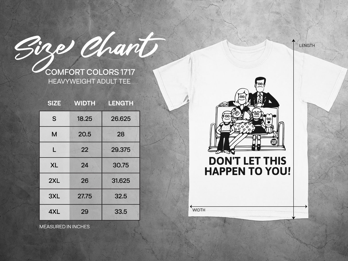 Size chart for Comfort Colors 1717 heavyweight adult tee.