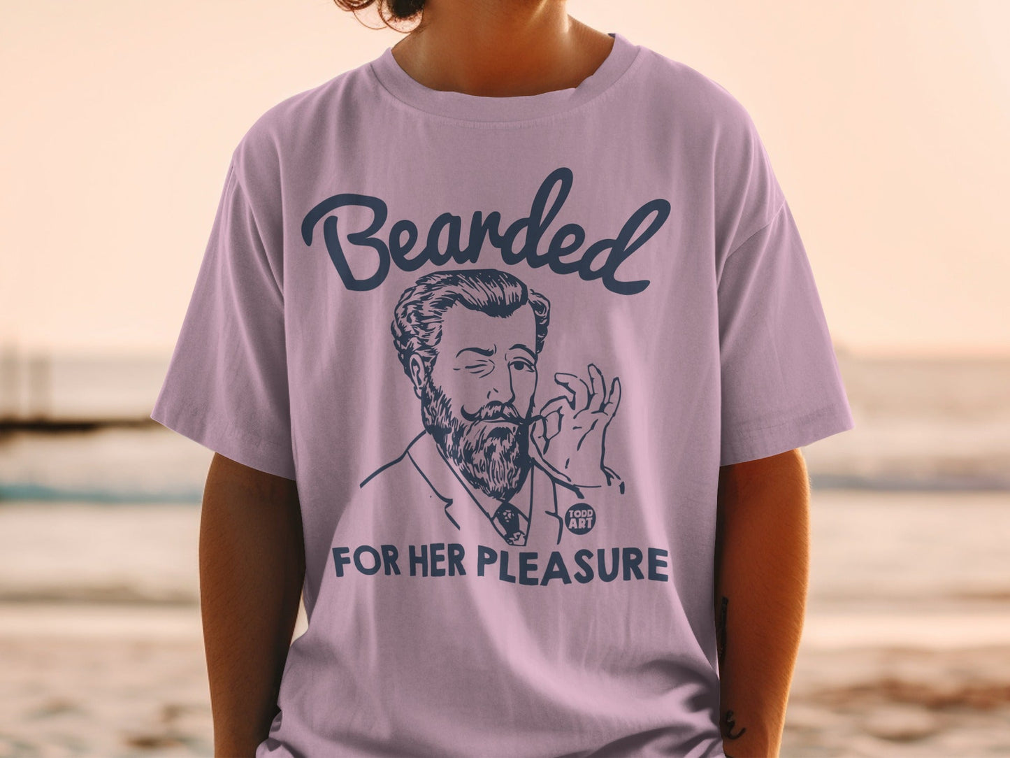 T-shirt with "Bearded For Her Pleasure" and a vintage man illustration.