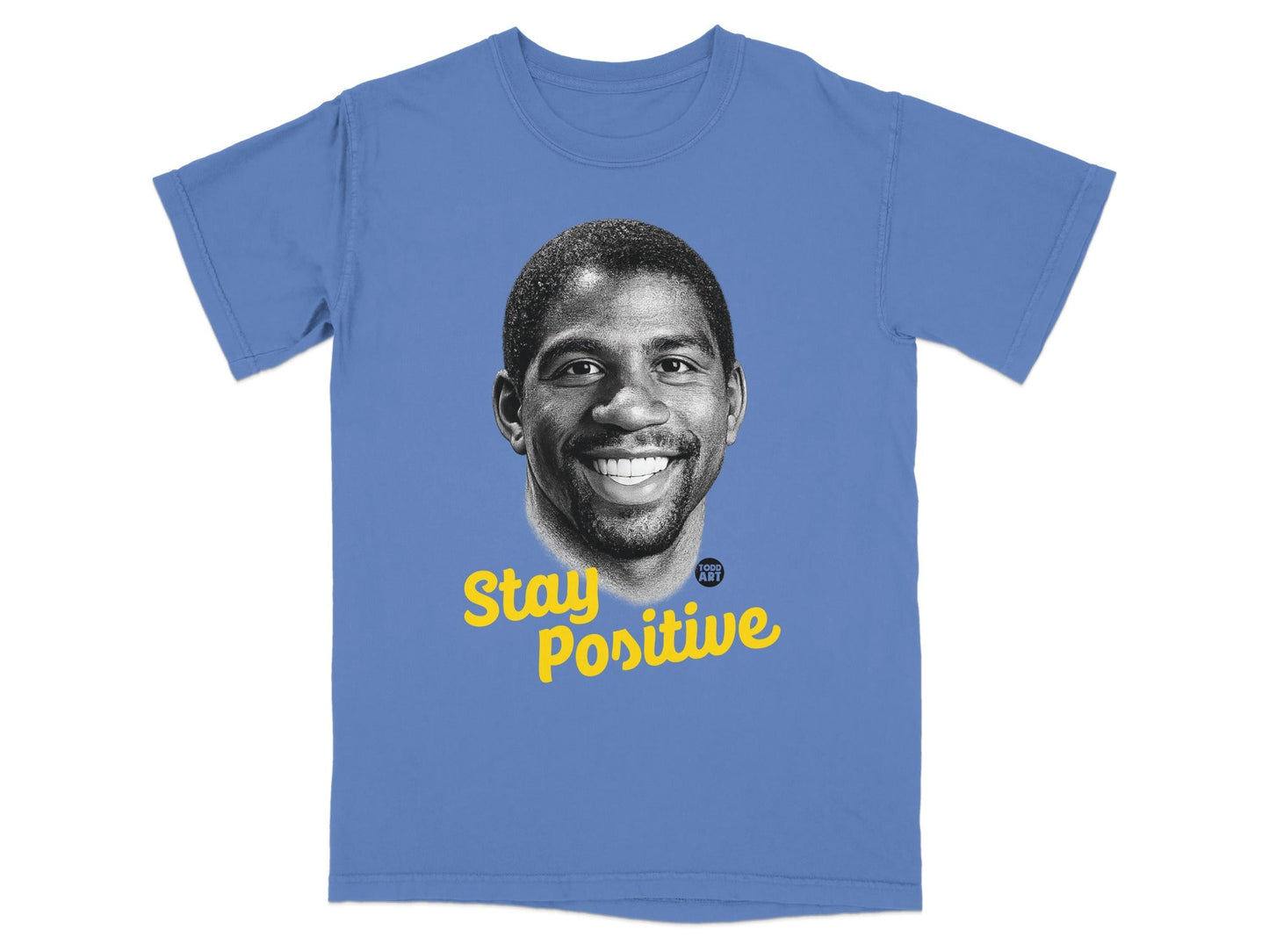 Magic Johnson t-shirt with "Stay Positive" text.