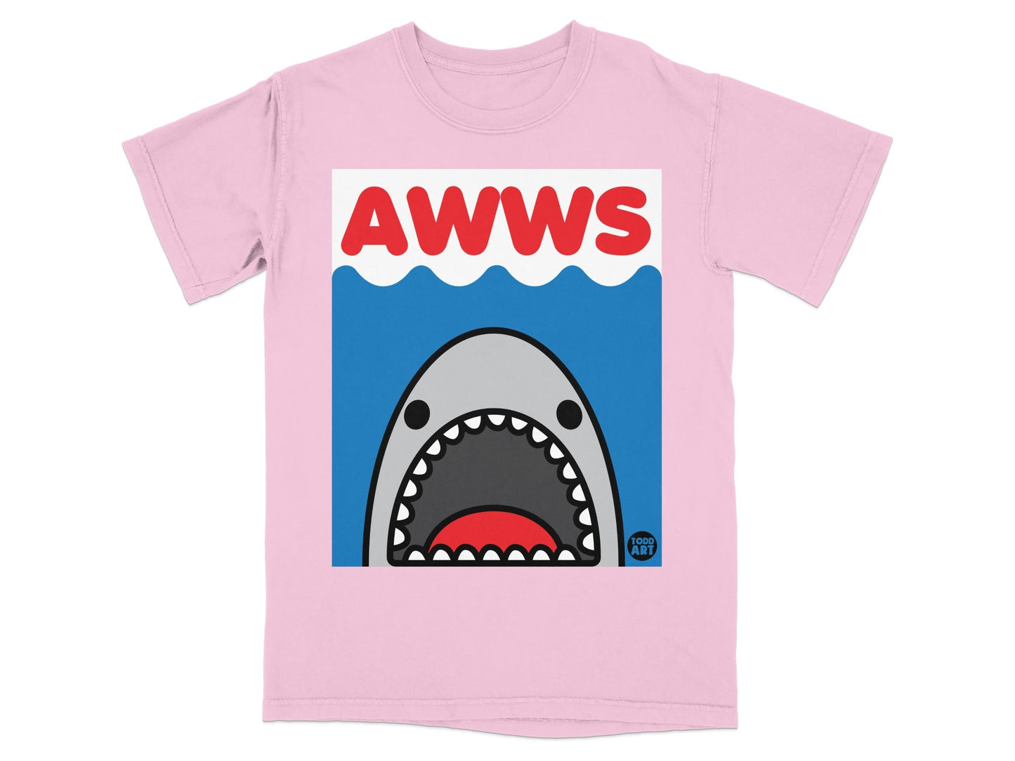 Pink t-shirt with cartoon shark and text "AWWS".