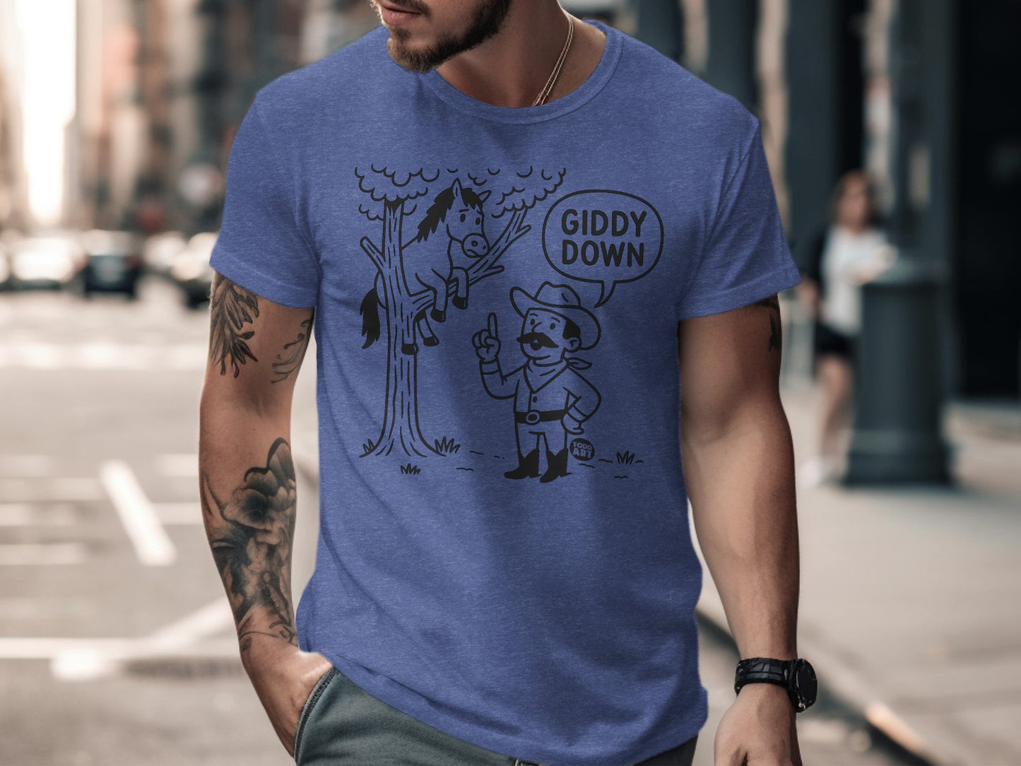 Giddy Down Cowboy and Horse Graphic Cartoon T-shirt