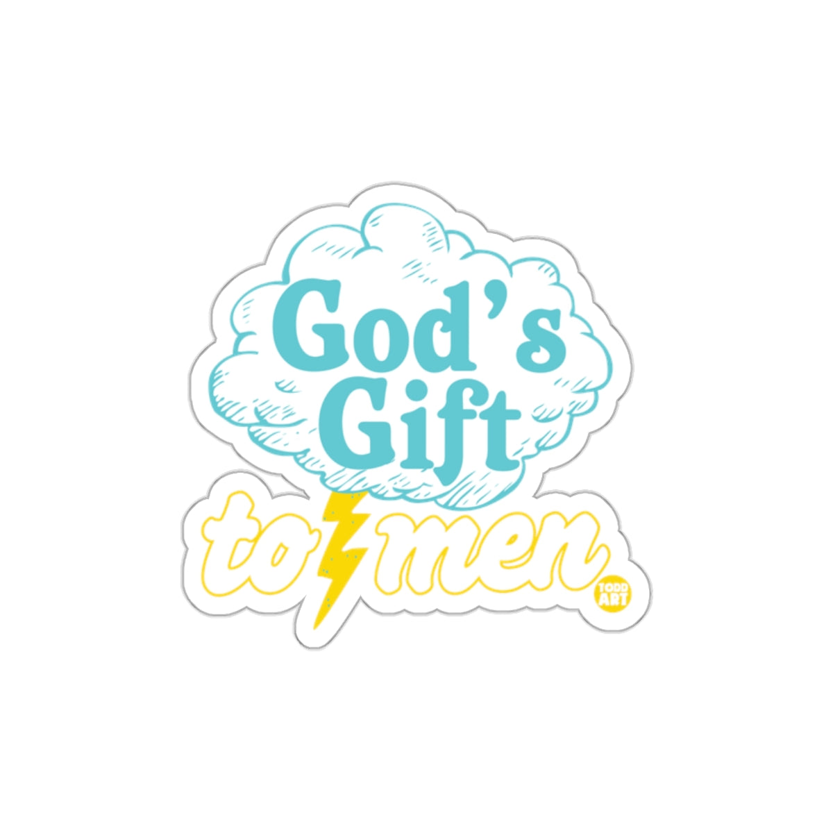 God's Gift to Men Sticker with Lightning Bolt Design