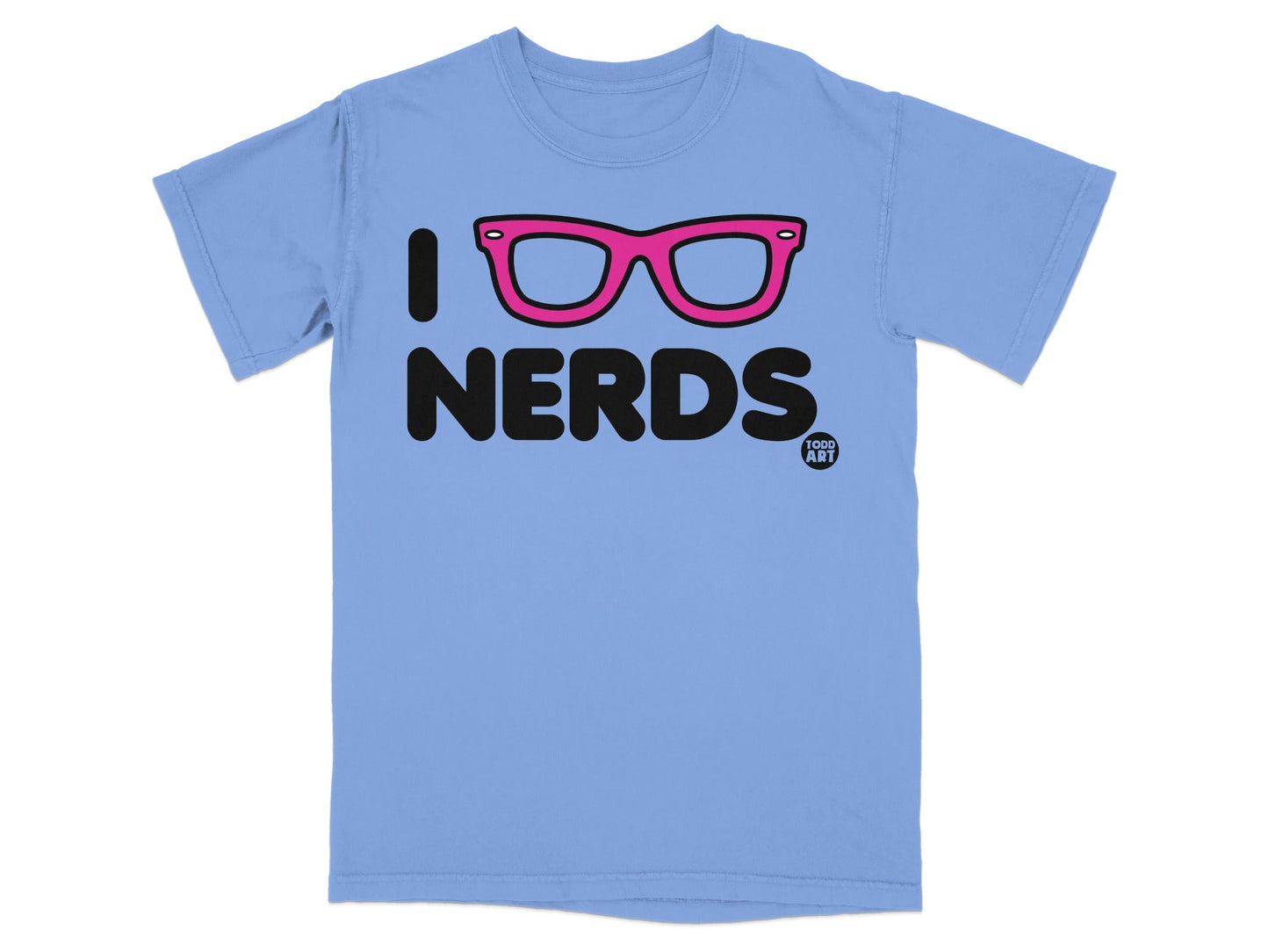 Light blue t-shirt with pink glasses and "I LOVE NERDS" text.