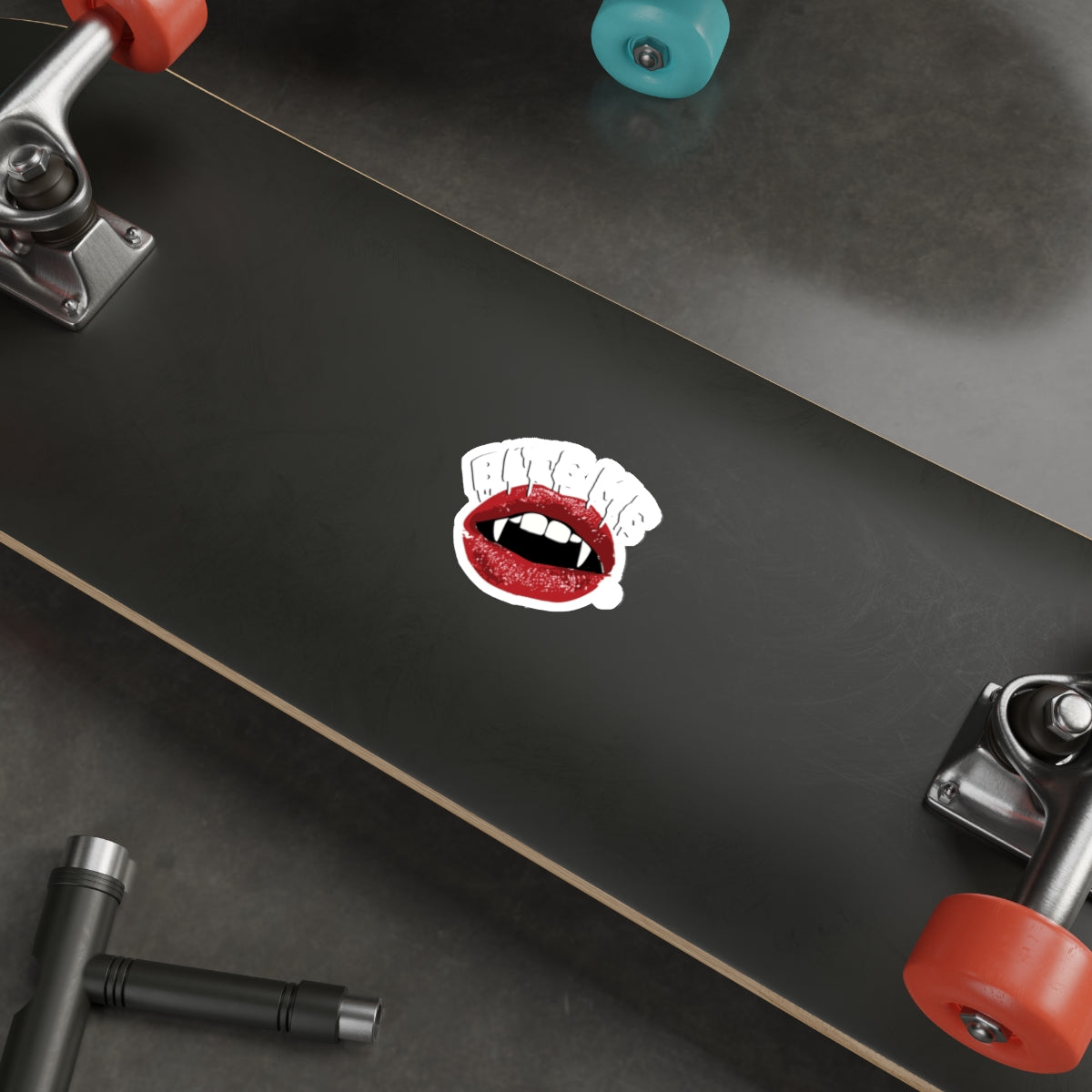 Red Lips Graphic Sticker on Black Longboard Deck