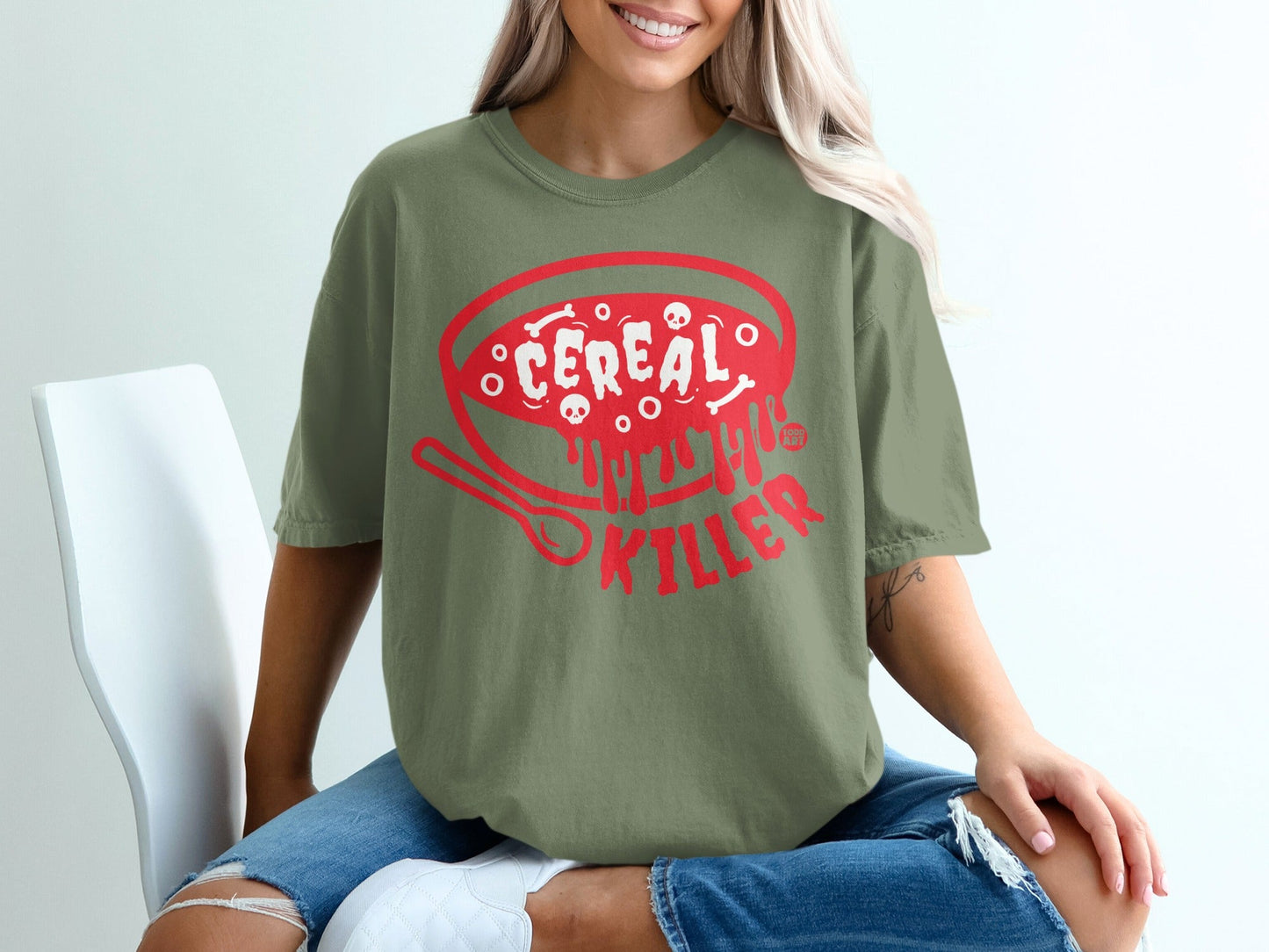 Funny Cereal Killer Graphic Tee in Olive Green Shirt