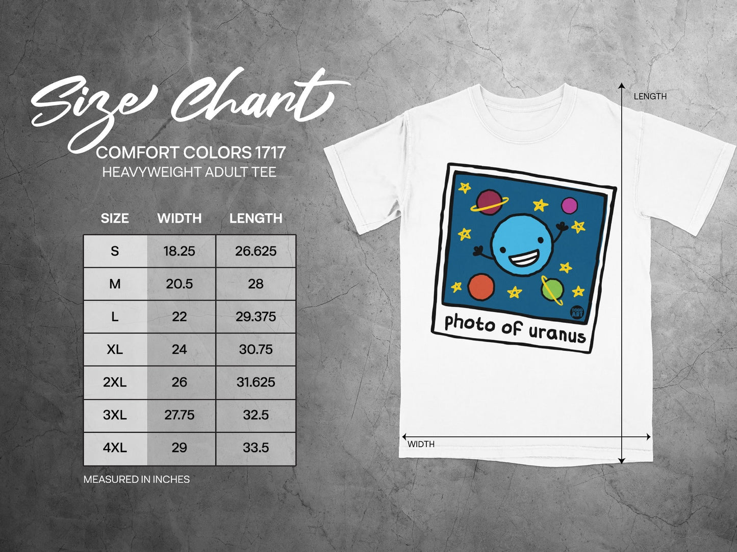 Size chart for Comfort Colors 1717 heavyweight adult tee with "photo of uranus" graphic.