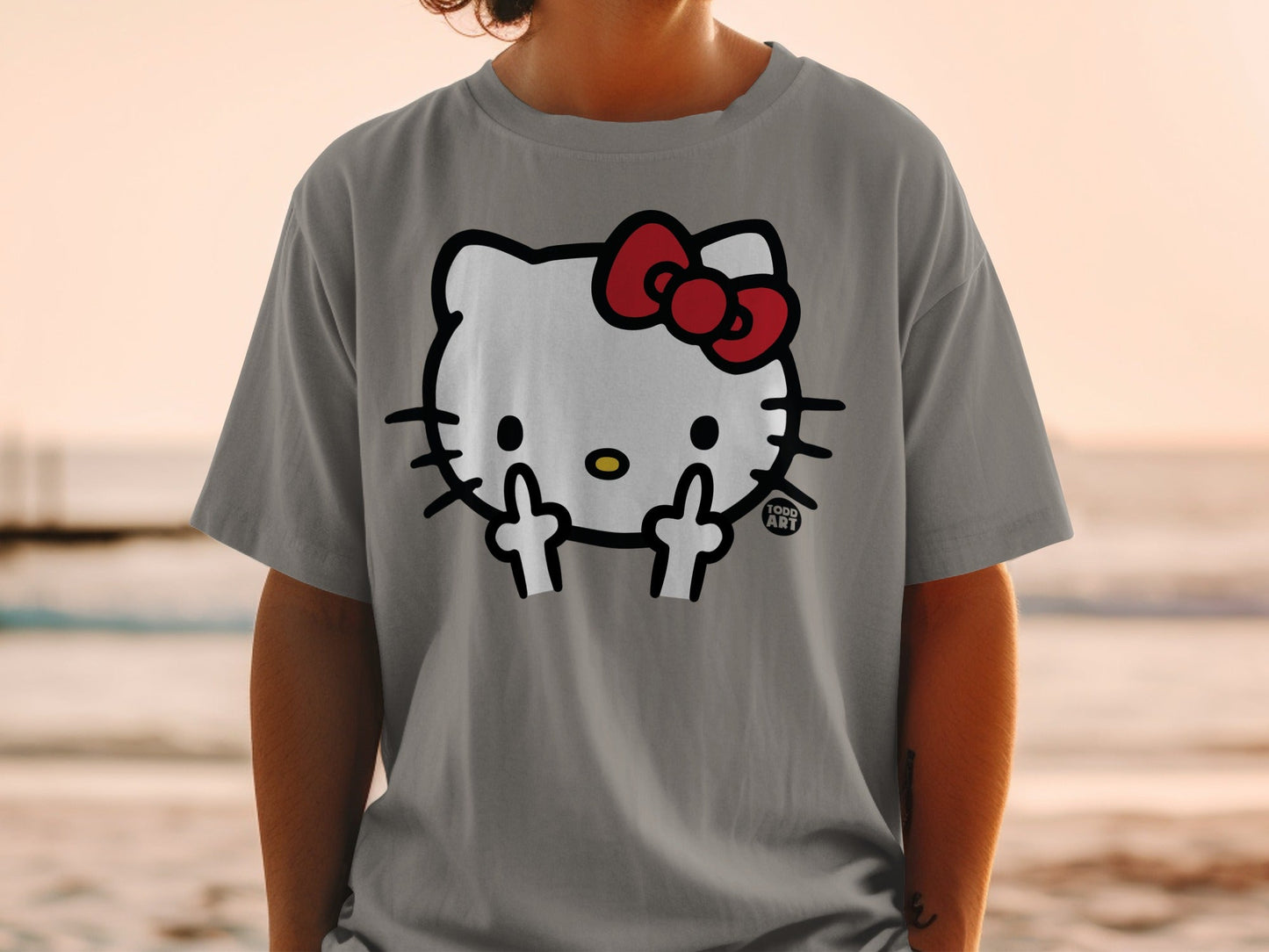 Gray t-shirt with Hello Kitty giving the middle finger.