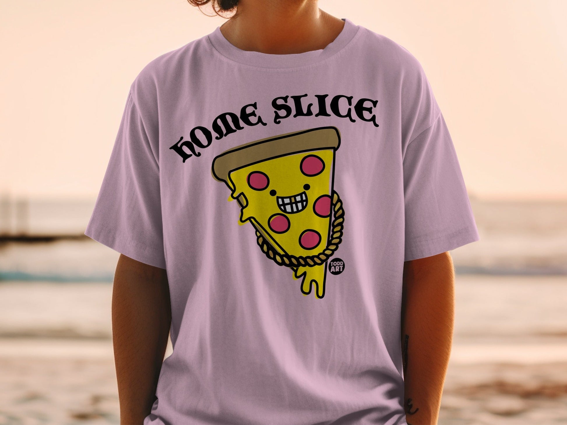 Pink t-shirt with cartoon pizza slice wearing a gold chain.