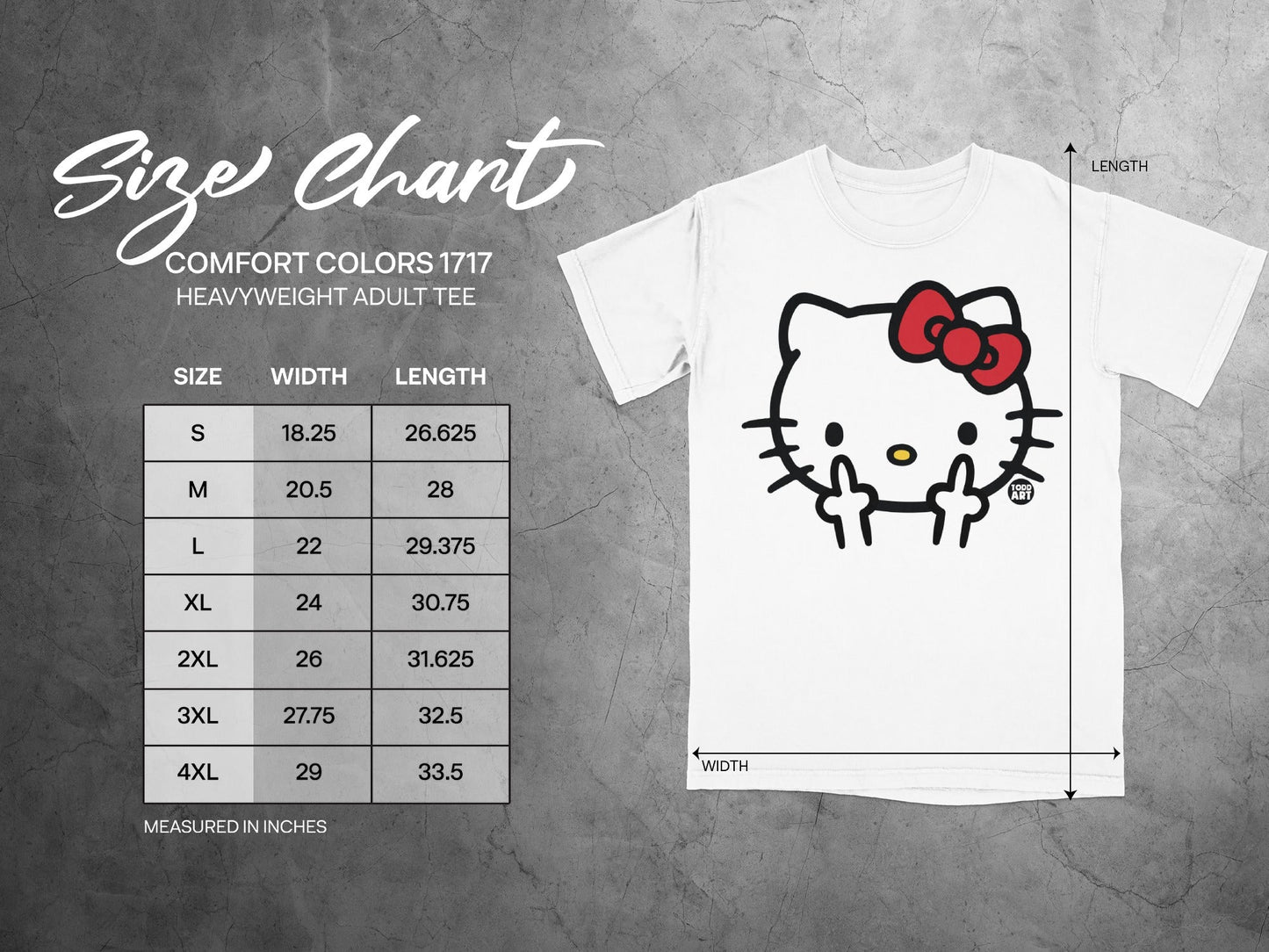 Hello Kitty Comfort Colors 1717 heavyweight adult tee size chart with width and length measurements.