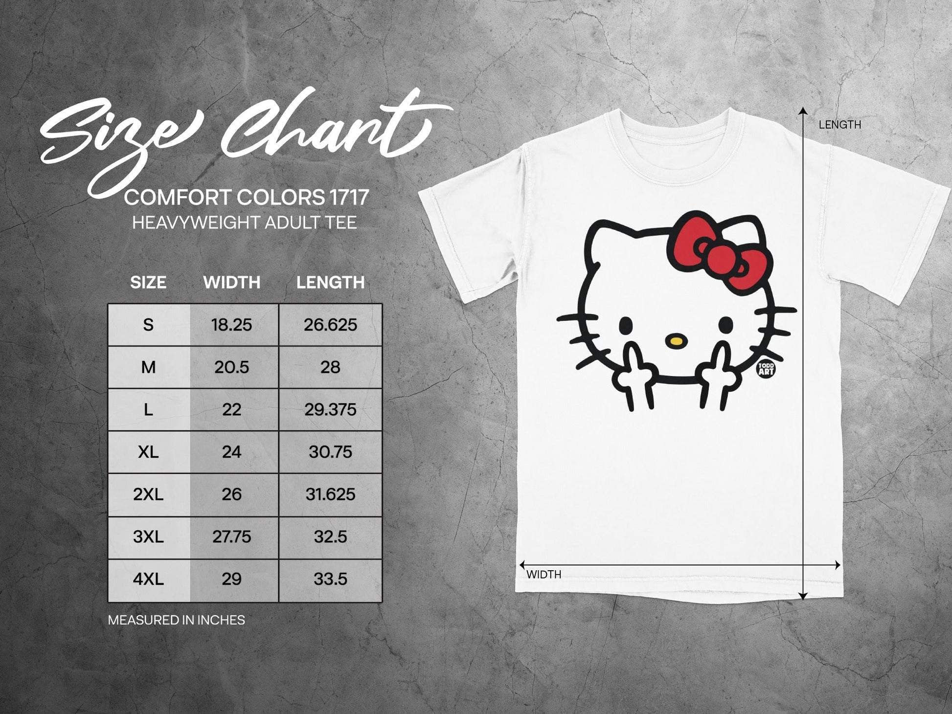 Hello Kitty Comfort Colors 1717 heavyweight adult tee size chart with width and length measurements.