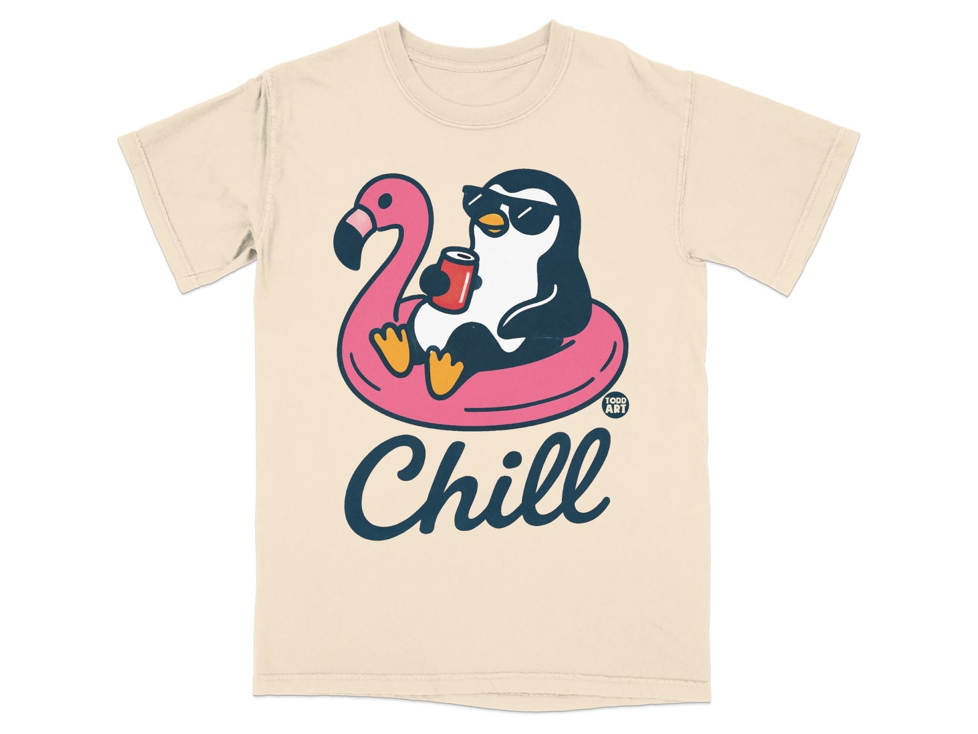 Penguin wearing sunglasses on a flamingo float, holding a drink.