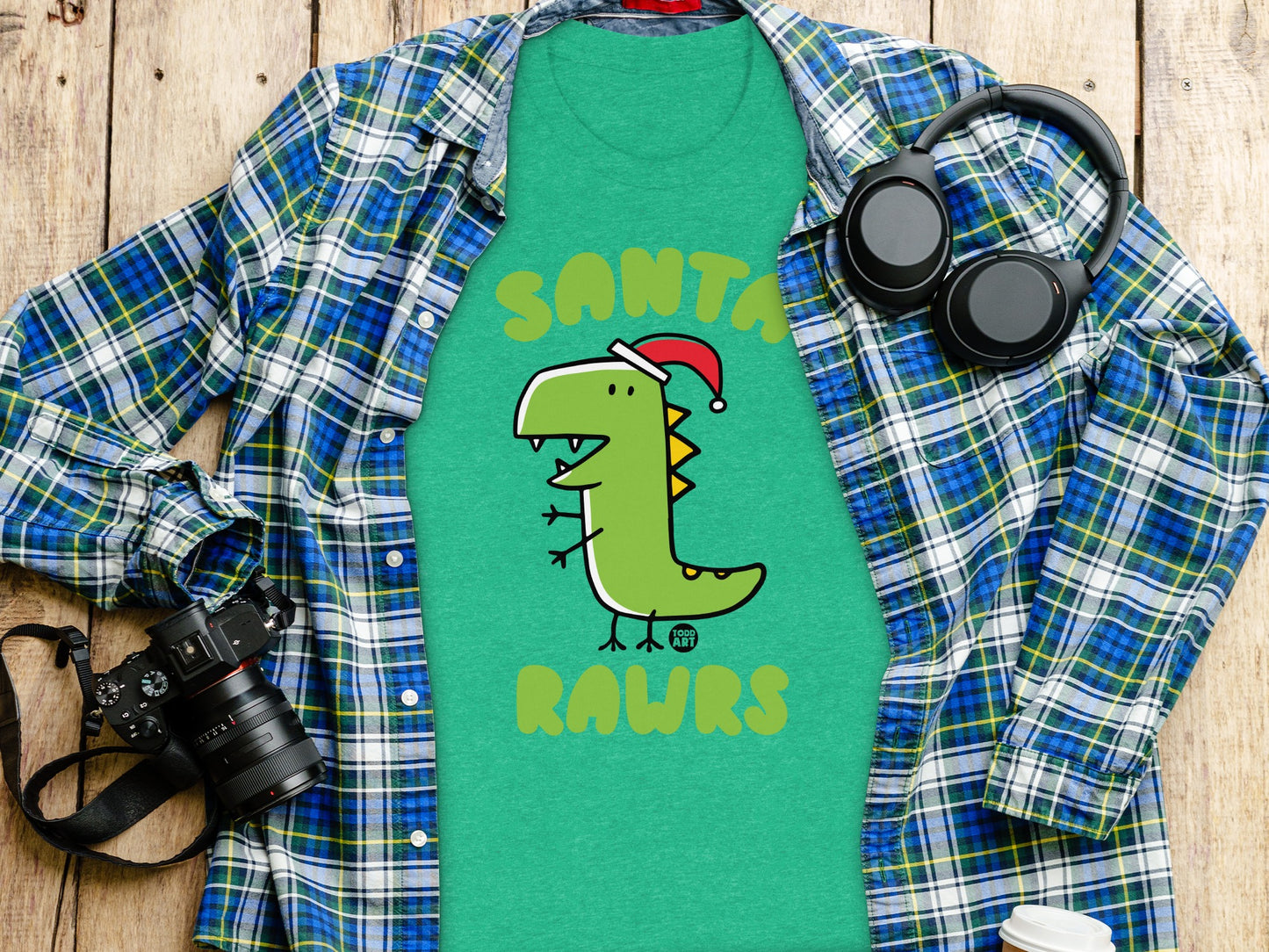 Santa Dinosaur with Headphones Graphic T-Shirt
